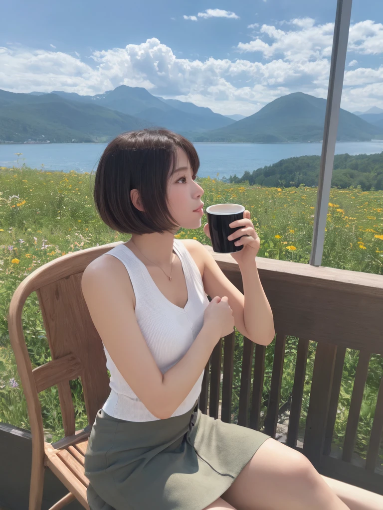 (looking-away:1.9),(masterpiece:1.2), (best quality),(ultra detailed),(extremely detailed),(absolutely resolution) ,absurdres,8k, 1girl-drinking-hot-coffee-in-cafeteria-outdoor,sitting-on-the-woody-chair, cake, beautiful-landscape-background, mountain, shinny-lake, flowers, 
BREAK,  ultra detailed eyes, bobcut, (gradation hair:1.3), tanktops, skirt,