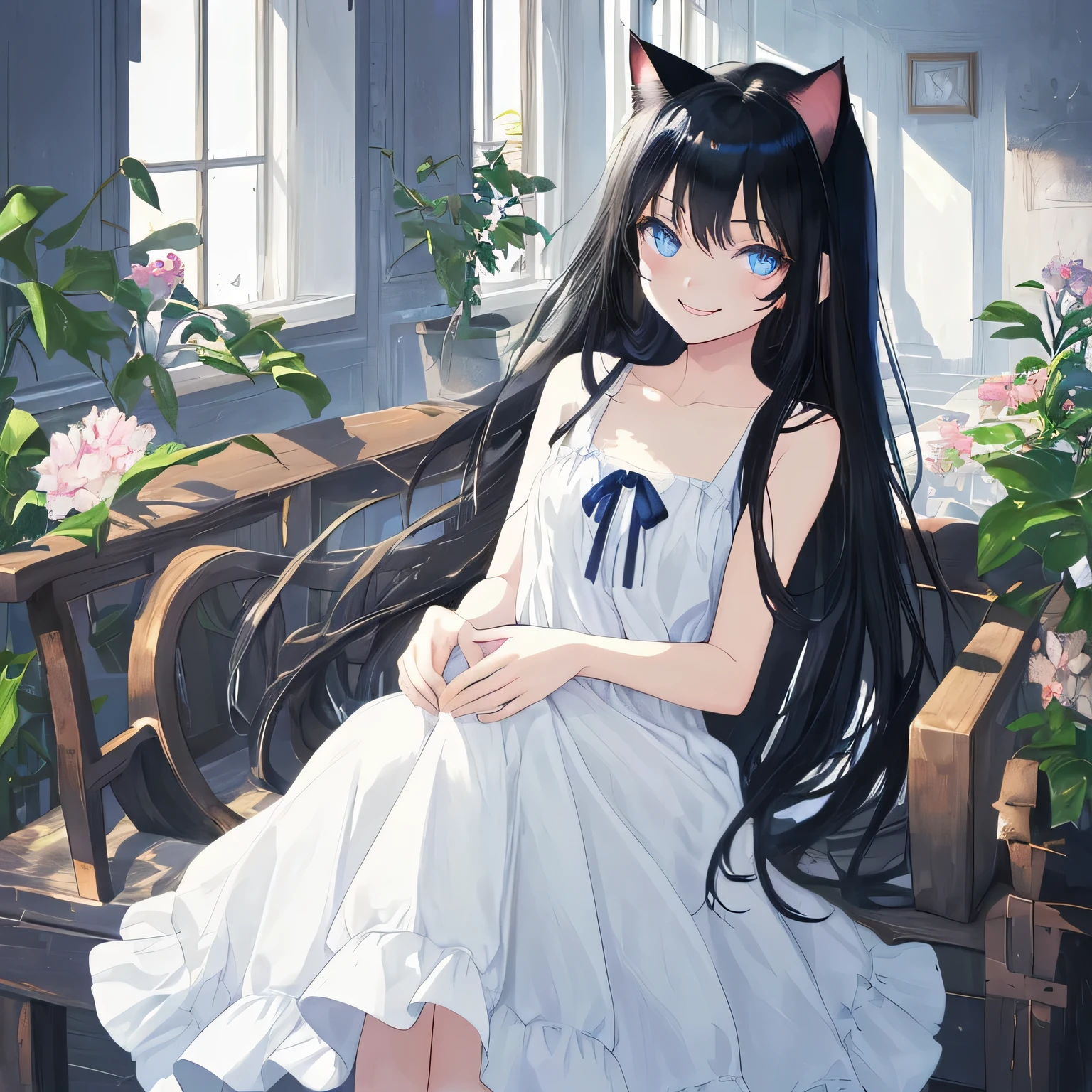 Beautiful illustrations, highest quality, pretty girl, Long black hair, Cat ear, blue eyes, Happy, White sundress, Race, Sleeveless, clavicle, indoor, Tilt your head,Pull up your skirt,Mischievous smile,