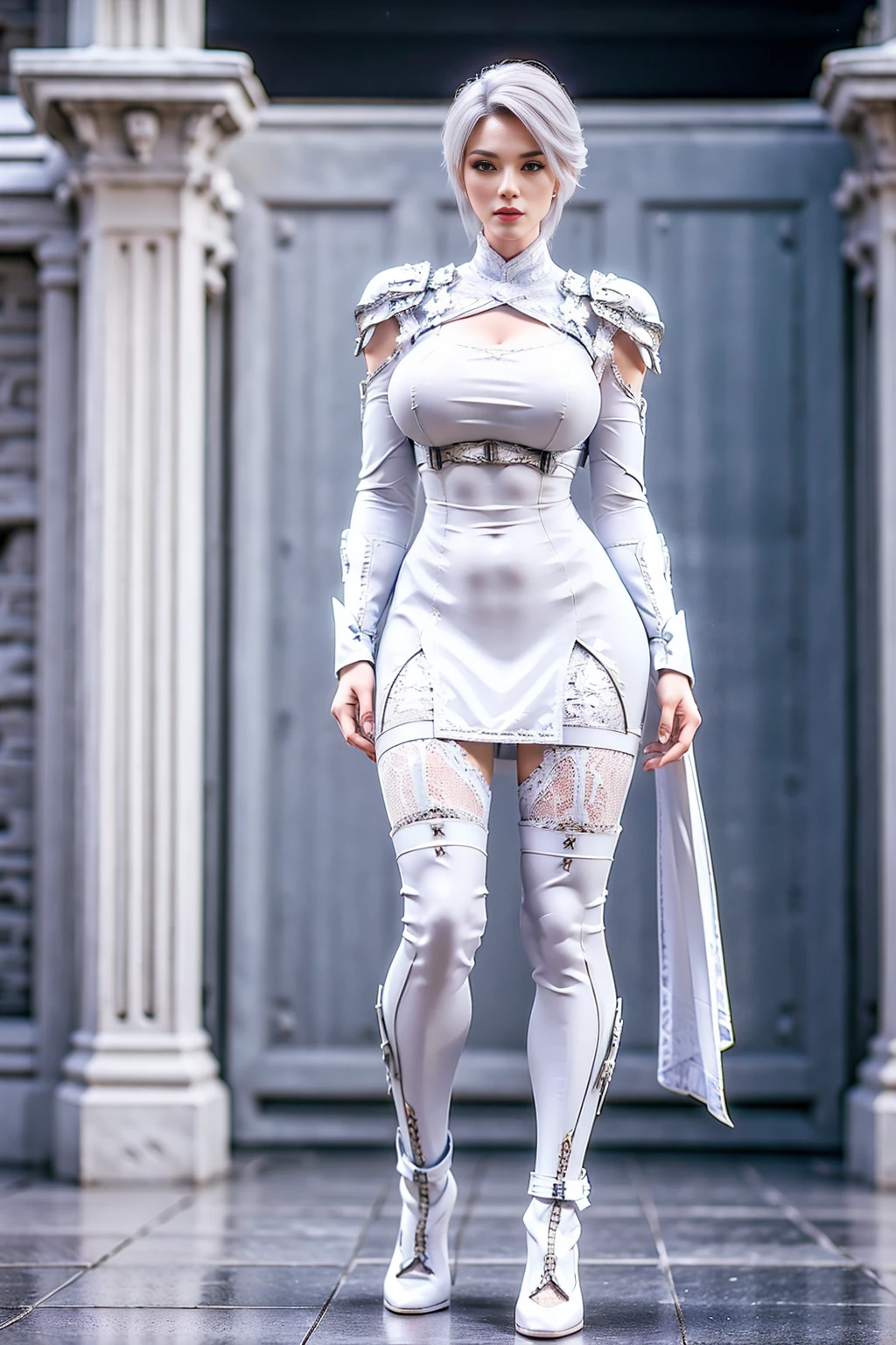 8k, HDR, ultimate-realistic texture, sharp texture, highres, best quality. Futuristic character, Full body,slim, tall and fit body, short hair, white hair, wearing full coverage white lace uniform, wearing white lace stockings, wearing high heels, wearing knee guard and pauldron, standing perfectly in the castle.
