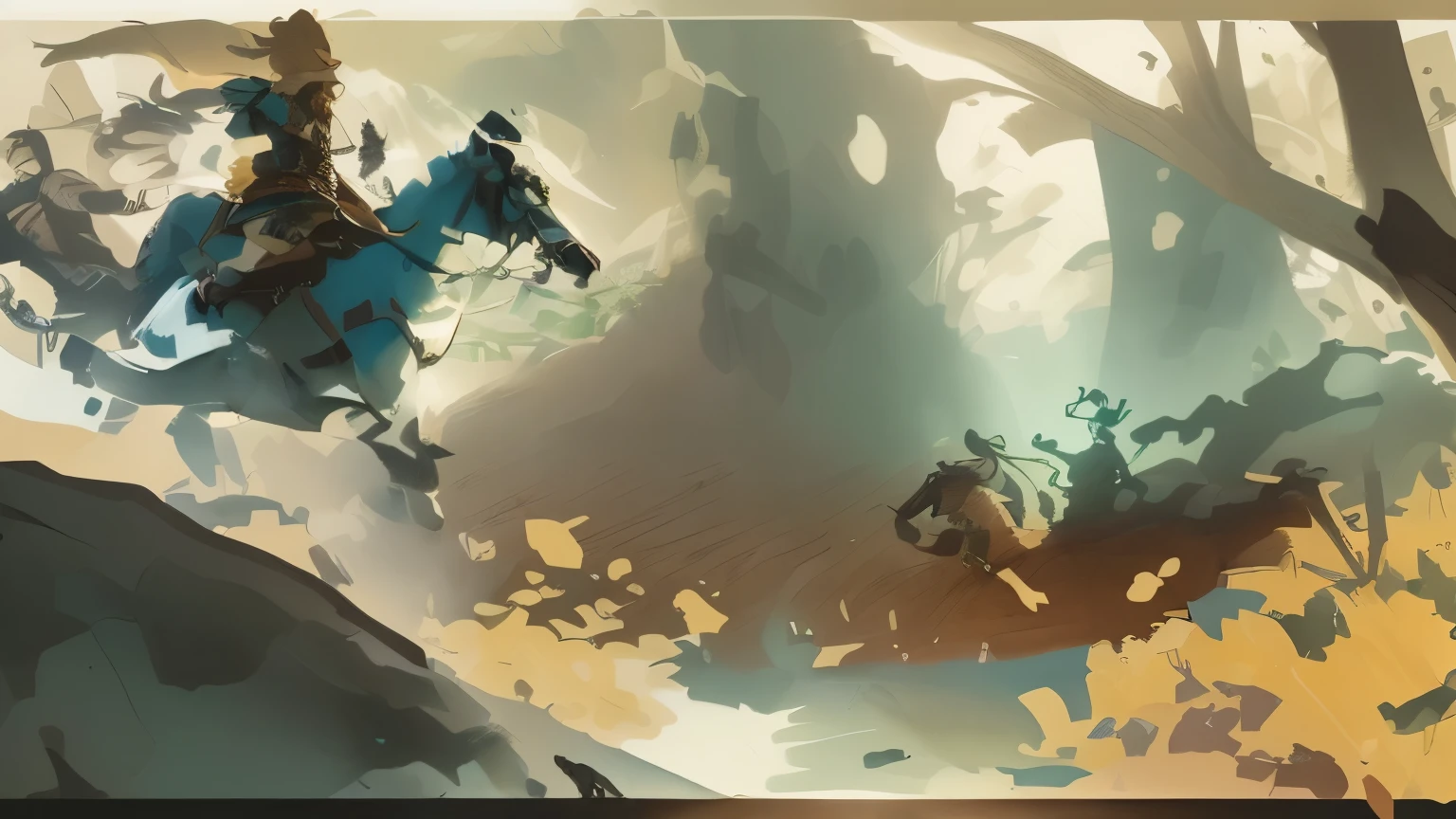 A hunter,Longbow in hand,Followed by horses,Dive down,Animation scene of drawing a bow, Chasing the two injured deer ahead,Breath of the Wild art style,, Draw as game concept art, Role playing game scene