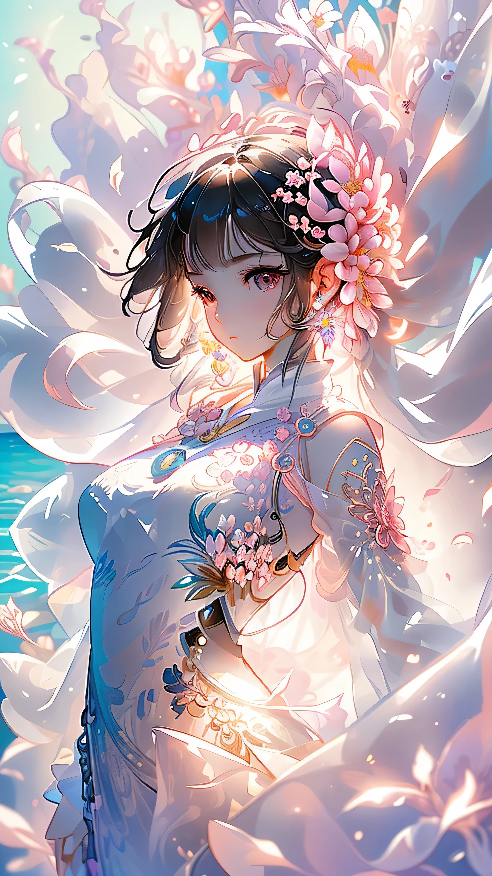 (Extremely Detailed CG Unity 8K Wallpaper): A serene scene of a lone K-pop idol, with an Upper Body Focus, captured amidst a breathtaking sea of vibrant, blooming flowers. The soft petals dance in the gentle breeze, casting a kaleidoscope of colors across the idol's features. The lighting illuminates her porcelain skin, highlighting every delicate curve and detail. The intricately textured petals reflect the sunlight, creating a dazzling display that dazzles the senses. The idol's expressive features convey a sense of tranquility and grace, making for an enchanting and memorable image.