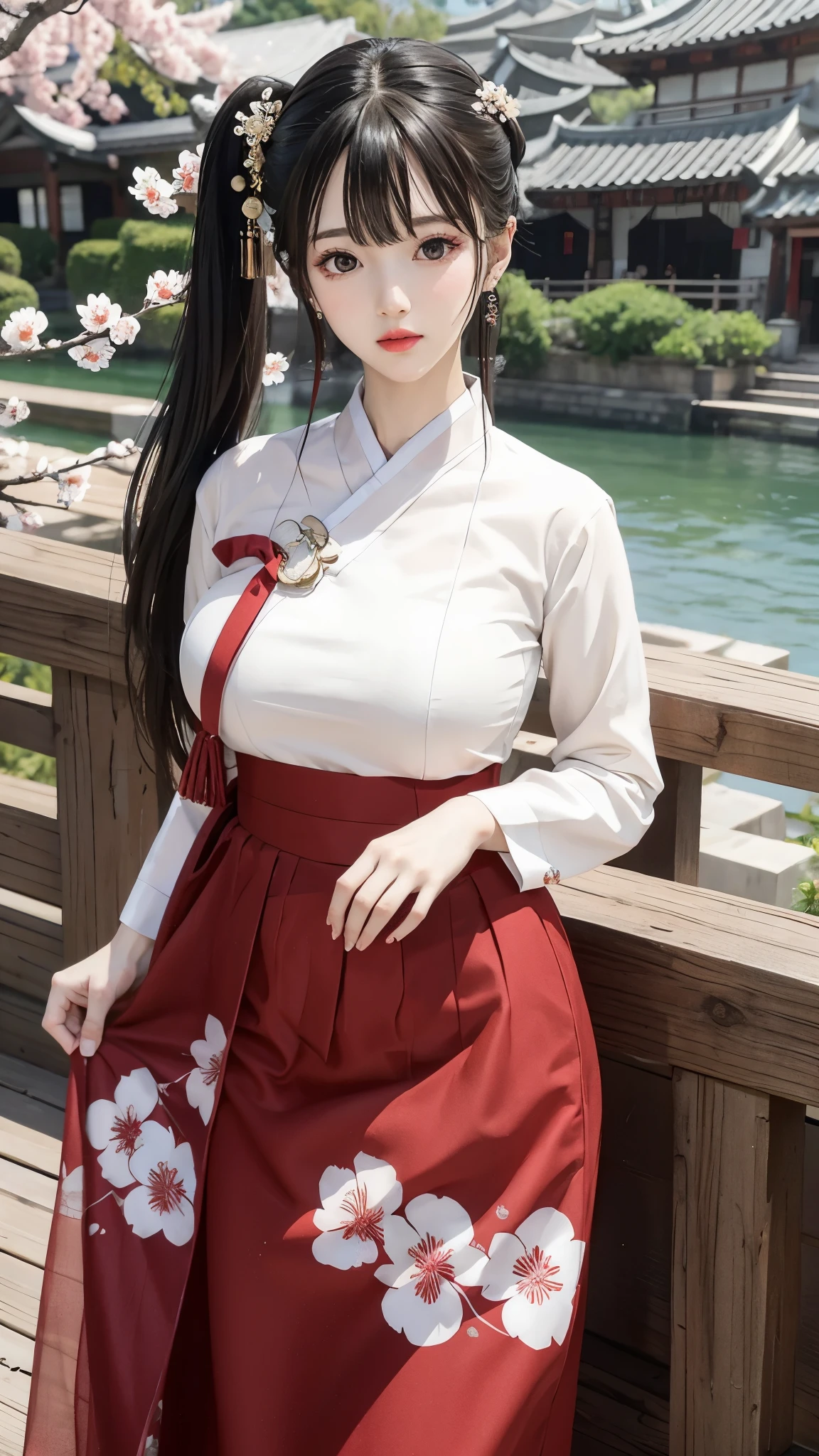 (best quality, 8K, masterpiece: 1.3), ((((((Incredibly huge breasts: 0.8))))), hairpin, (beautiful face:1.3), plum blossom ink painting background,authentic hanbok, Red skirt, The background is a picture, People are due diligence