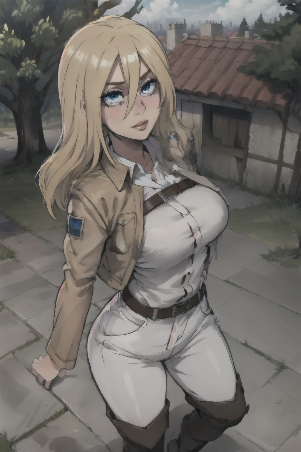 1 girl, (loose hair), hair down, (anime style), masterpiece, Best quality, ultra detailed, ray tracing, HDR, depth of field, (perfect face, detailed face, detailed eyes), 8K, HD, Best quality, ultra detailed, Brilliant eyes, Bright skin, notably long eyelashes, 
perfect eyes, Brilliant eyes, Brilliant eyes, slim waist, wide hips, Dynamic angle, Ultra detailed, bouncing breast, I look at the viewer, pink lips, long eyelashes, loose hair, About the medieval city, on the tree, Tree in the background, History_Rice, History Rice, Blonde hair, Blue eyes, long hair, hair between eyes, History, Krista Renz, Blonde hair, Blue eyes, hair between eyes, loose hair, official art, jacket, brown jacket, coat of arms, belt, thigh strap, trousers, white trousers, boots, shirt, white shirt, collared shirt, breast, curb, One, 1 girl, Slender Girl, a slim body, soft skin, Bright skin, notably long eyelashes, cute face, ((Tight clothes)) ass rear view