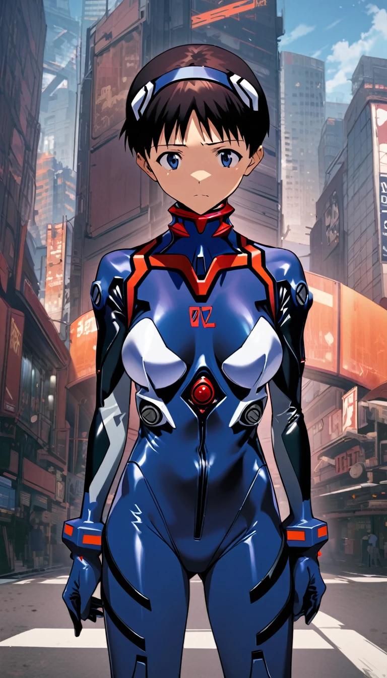 Evangelion plugsuit, male focus, ikari shinji, pilot suit 碇真嗣
big breasts sci-fi city full-body shot