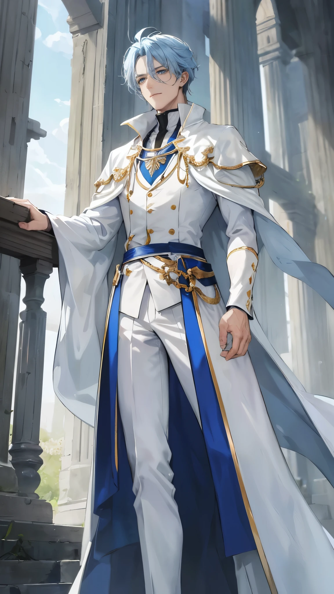 An elegant man, clad in a pristine white robe, exuded a strong physique as he confidently strode through the ancient castle's courtyard. The white Arabian pants, complementing his attire, billowed gently with each step he took, revealing the sheen of his white boots. His light blue noble blouse, adorned with intricate embroidery, laid flawlessly over his broad shoulders and perfectly framed his chiseled features. Messy yet alluring light blue hair cascaded down his forehead, adding to his noble appearance. A look of satisfaction graced his face, framed by his short, dark blue colored eyes that gleamed with wisdom and experience. He