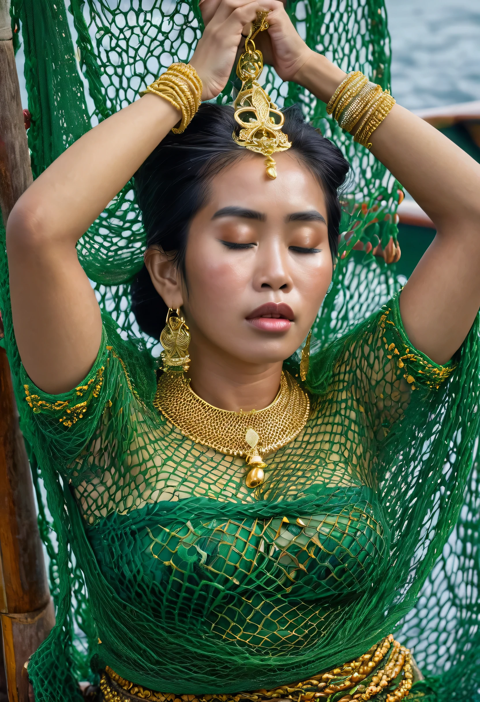 a Woman bounded body by shackles, weak, lifted hands, showing hairy armpits, wearing an Javanese green kemben with Javanese pattern, complete gold jewelry covering her chest, wear gold supreme crown, expression of shame, weakness, sadness, crying, wronged.  in the Javanese hall with people watching on the behind