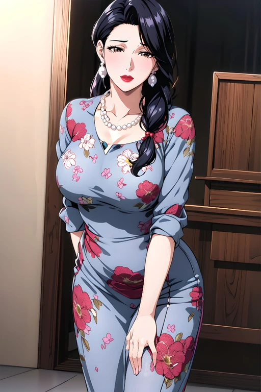 ，(Large Breasts:1.1)Large bust，Cleavage, cleveage, Big Ass, thigh,Anime woman in blue dress standing in front of a door, beautiful and seductive Anime woman, seductive anime girl, anya from spy x, Nicole Robin, beautiful Anime woman, Anime woman, Beautiful seductive anime teen,  Wear clothes, Attractive anime girl, Beichuan Ma Lin fan art, Cute anime girl in a beautiful skirt, Dress neatly. Sexy oil painting