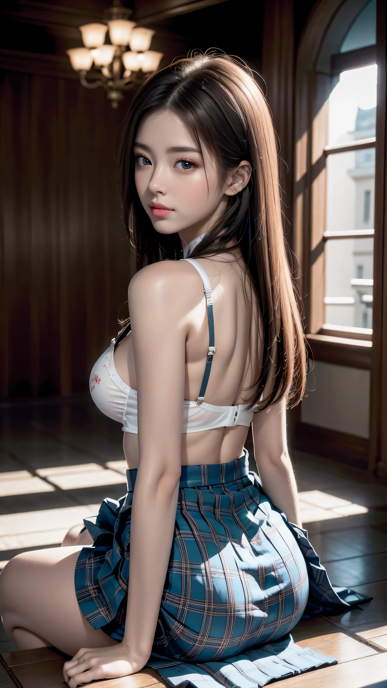 Top quality work,Actual work,(Get on all fours),(Rear view)、(look back),Ultra Premium Graphics,8K HD CG works,High quality graphics,High-definition CG works,10x pixels,Extremely fine detail:1.1,Advanced Technical Details:1.1 Photorealistic,Indoor lighting effects:1.5,Natural light:1.5. Light effects(virtual Light effects:1.8),超A high resolution,shiny red dress,長いSilver Hair,Silver Hair,Transparent Hair,Hair with attention to detail(Premium Hair Detail:1.1)Clear Eyes,Beautiful double eyelids,Sharp eye makeup, Delicate eyelash makeup, Thin eyebrows, Highly detailed eyes,High nose, Nice red lips, Rose Cheeks, A face with subtle makeup , Cute face, perfectly balanced face,(Advanced Face Detail:1.1)、(White bra)、(Checked Skirt)、、girl 、photo shoot,woman'artwork of,Full body portrait,realism,wonderful,My eyes are shining today,Shyness、