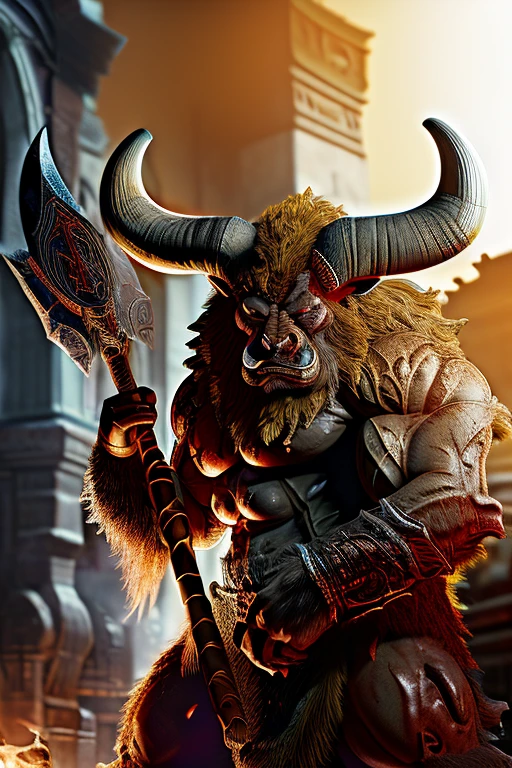 Orange fur Minotaur, thick fur, taurus model, full of rage, angry minotaur, burned city background, he will revenge, detailed anatomy, gigantic body, kingkong body size, perfect muscle, perfect photograph, full focus camera