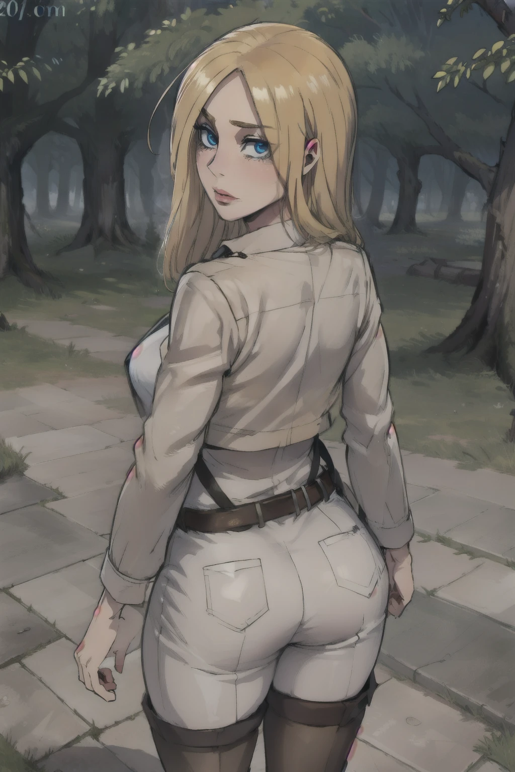 1 girl, (loose hair), hair down, (anime style), masterpiece, Best quality, ultra detailed, ray tracing, HDR, depth of field, (perfect face, detailed face, detailed eyes), 8K, HD, Best quality, ultra detailed, Brilliant eyes, Bright skin, notably long eyelashes, 
perfect eyes, Brilliant eyes, Brilliant eyes, slim waist, wide hips, Dynamic angle, Ultra detailed, bouncing breast, I look at the viewer, pink lips, long eyelashes, loose hair, About the medieval city, on the tree, Tree in the background, History_Rice, History Rice, Blonde hair, Blue eyes, long hair, hair between eyes, History, Krista Renz, Blonde hair, Blue eyes, hair between eyes, loose hair, official art, jacket, brown jacket, coat of arms, belt, thigh strap, trousers, white trousers, boots, shirt, white shirt, collared shirt, breast, curb, One, 1 girl, Slender Girl, a slim body, soft skin, Bright skin, notably long eyelashes, cute face, ((Tight clothes)) ass rear view