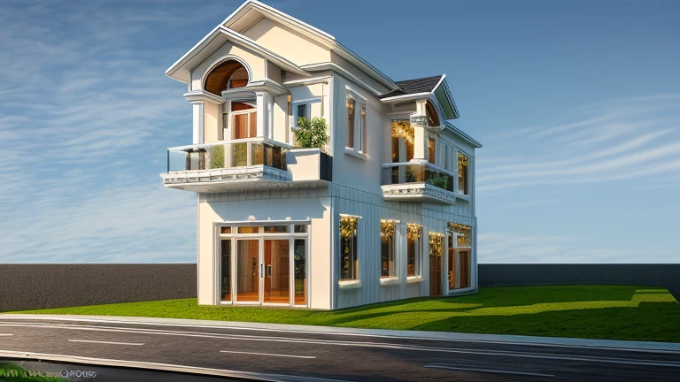 exterior house, contemporary style, white wall, wood wall, wood door, glass window, (realistic:1.2), Masterpiece, high quality, best quality, authentic, super detail, outdoors,road,pavement, grass, trees, sky, cloud, (daylight:1.1)