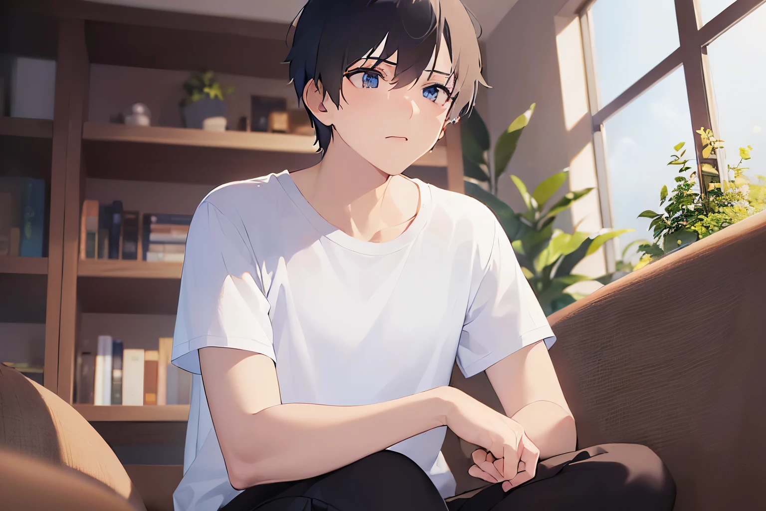 (looking away:1.5), cinematic angle, Upper body, masterpiece、highest quality、(alone:1.5)、(25-year-old male:1.5) and (Black short hair) and (blue eyes), (White T-shirt:1.5)、Sitting、(surprised), The background is the living room、Bold composition