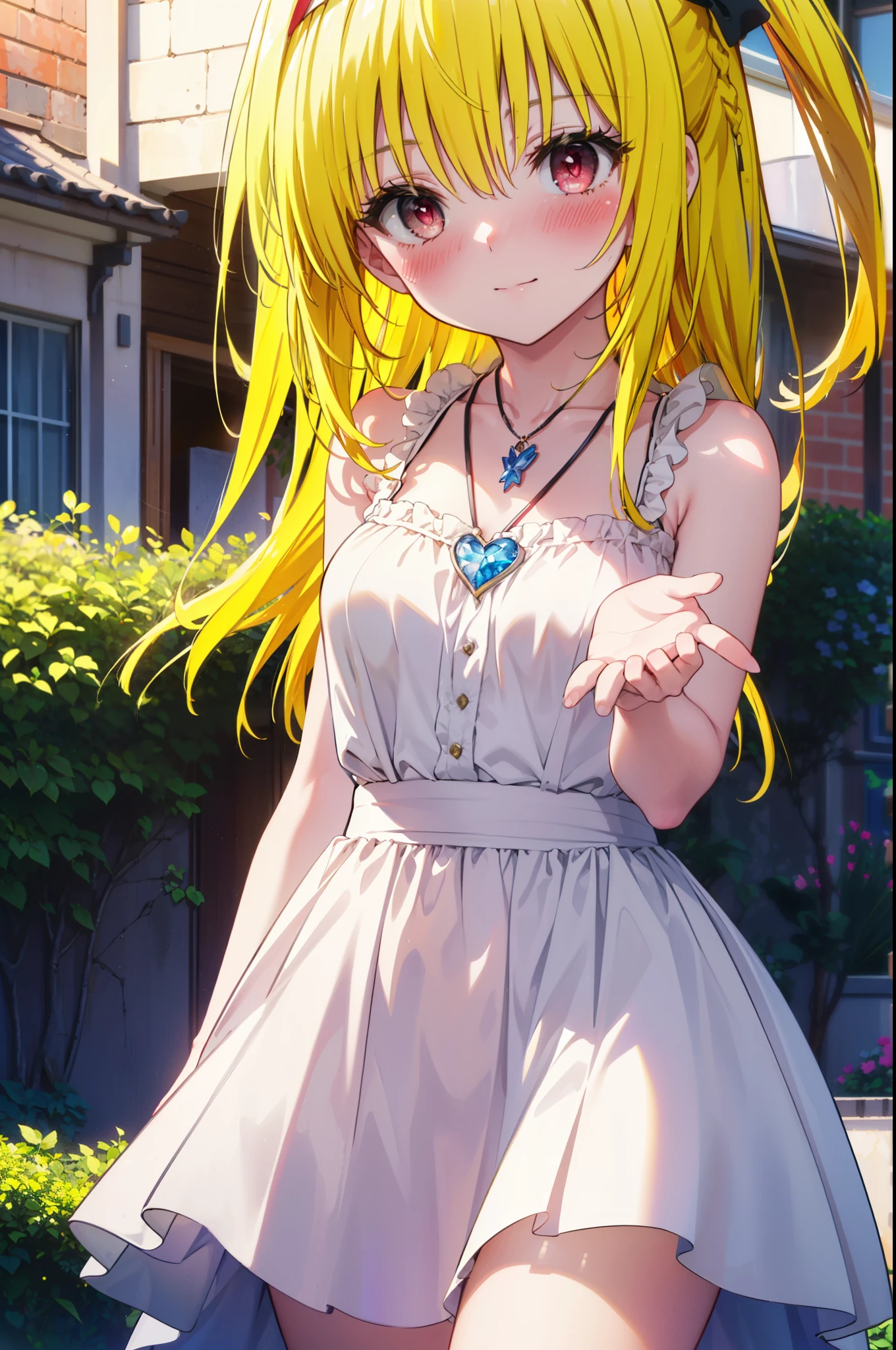 toloverumy, my, (yellow hair:1.5), Long Hair, (Red eyes:1.5), smile,blush, Embarrassing,White headband,Long Straight Hair,Long skirt integrated sleeveless dress,Heart Necklace,Bare arms,Bare neck cute sandals,True Summer,Daytime,
break outdoors, garden,
break looking at viewer, (Cowboy Shot:1.5),
break (masterpiece:1.2), highest quality, High resolution, unity 8k wallpaper, (figure:0.8), (Beautiful fine details:1.6), Highly detailed face, Perfect lighting, Highly detailed CG, (Perfect hands, Perfect Anatomy),