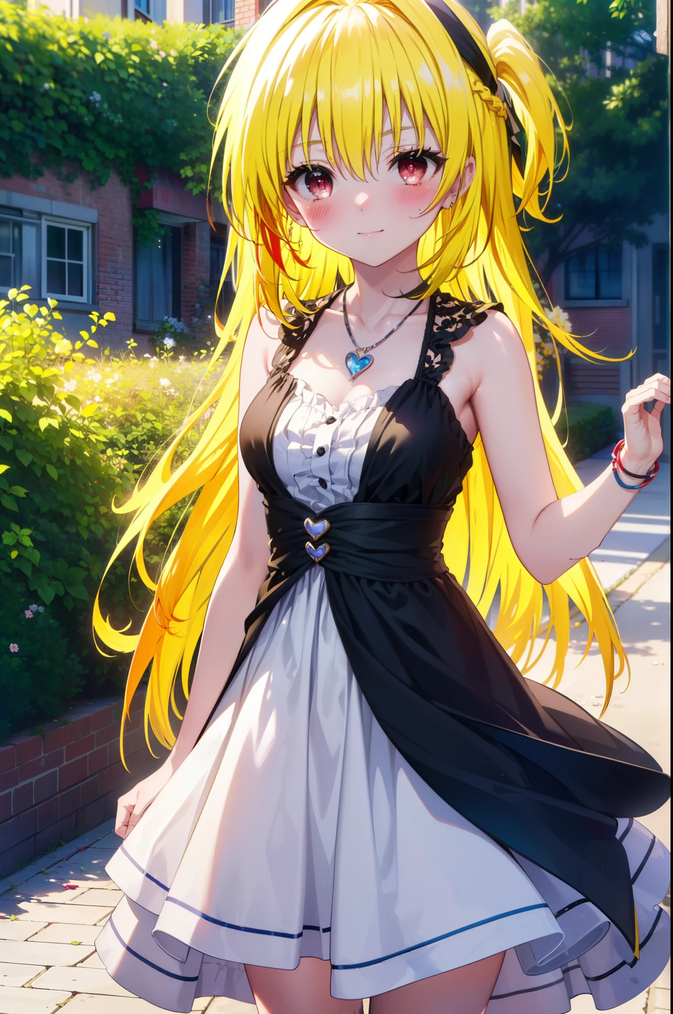 toloverumy, my, (yellow hair:1.5), Long Hair, (Red eyes:1.5), smile,blush, Embarrassing,White headband,Long Straight Hair,Long skirt integrated sleeveless dress,Heart Necklace,Bare arms,Bare neck cute sandals,True Summer,Daytime,
break outdoors, garden,
break looking at viewer, (Cowboy Shot:1.5),
break (masterpiece:1.2), highest quality, High resolution, unity 8k wallpaper, (figure:0.8), (Beautiful fine details:1.6), Highly detailed face, Perfect lighting, Highly detailed CG, (Perfect hands, Perfect Anatomy),