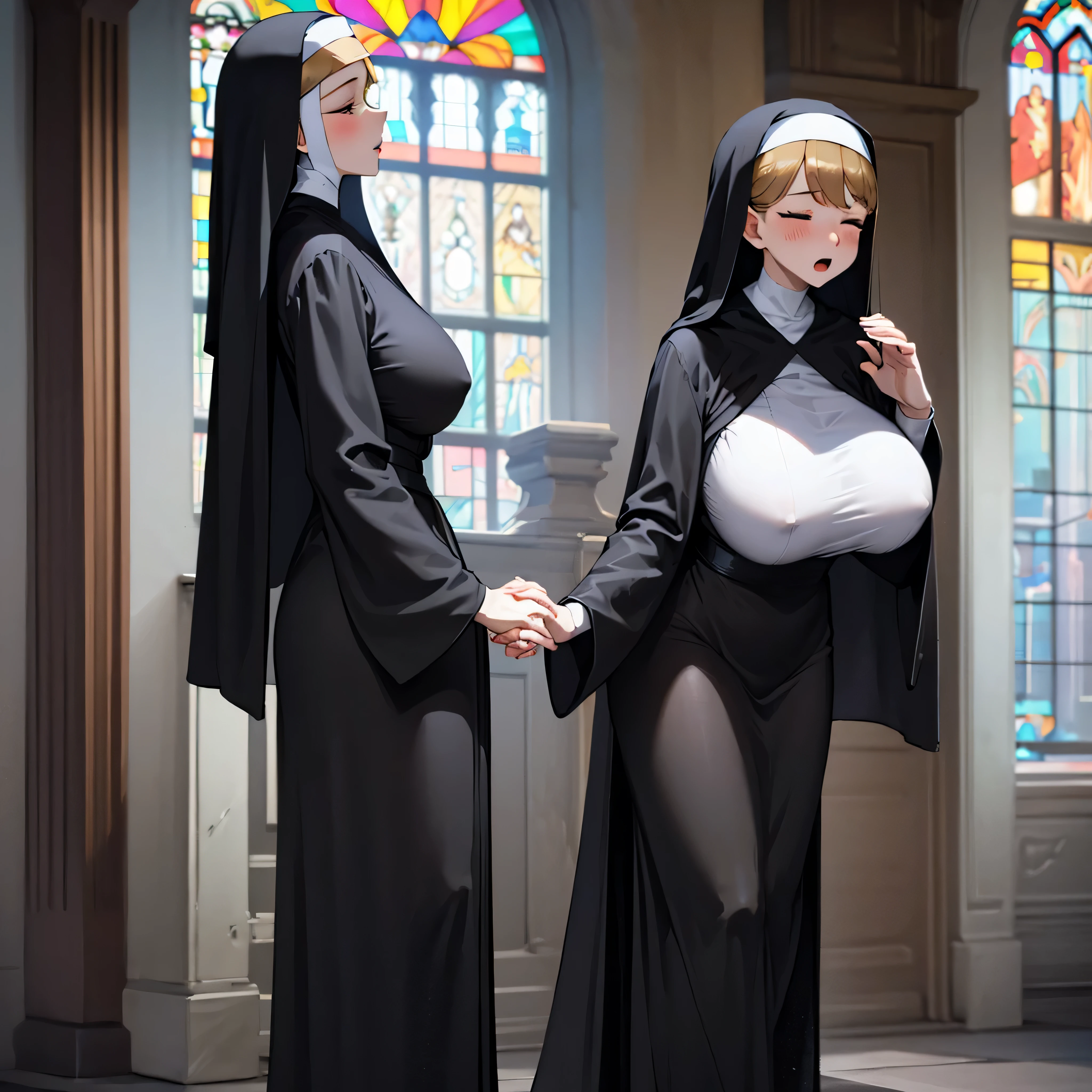 (solo:1.2), (1 praying skinny cute nun:1.3) standing in church, (praying with holding hands together over chest:1.2), (tight sheer long black robe:1.6), (disproportionately gigantic breasts:1.3), (bursting perky breasts:1.3), inconceivably narrow waist, too short torso, skinny long legs, closing eyes, nose blush, open mouth, (heavy breathing:1.3), stained glass in distance, full body, 8k, ultra-detailed, masterpiece, beautiful detailed hair