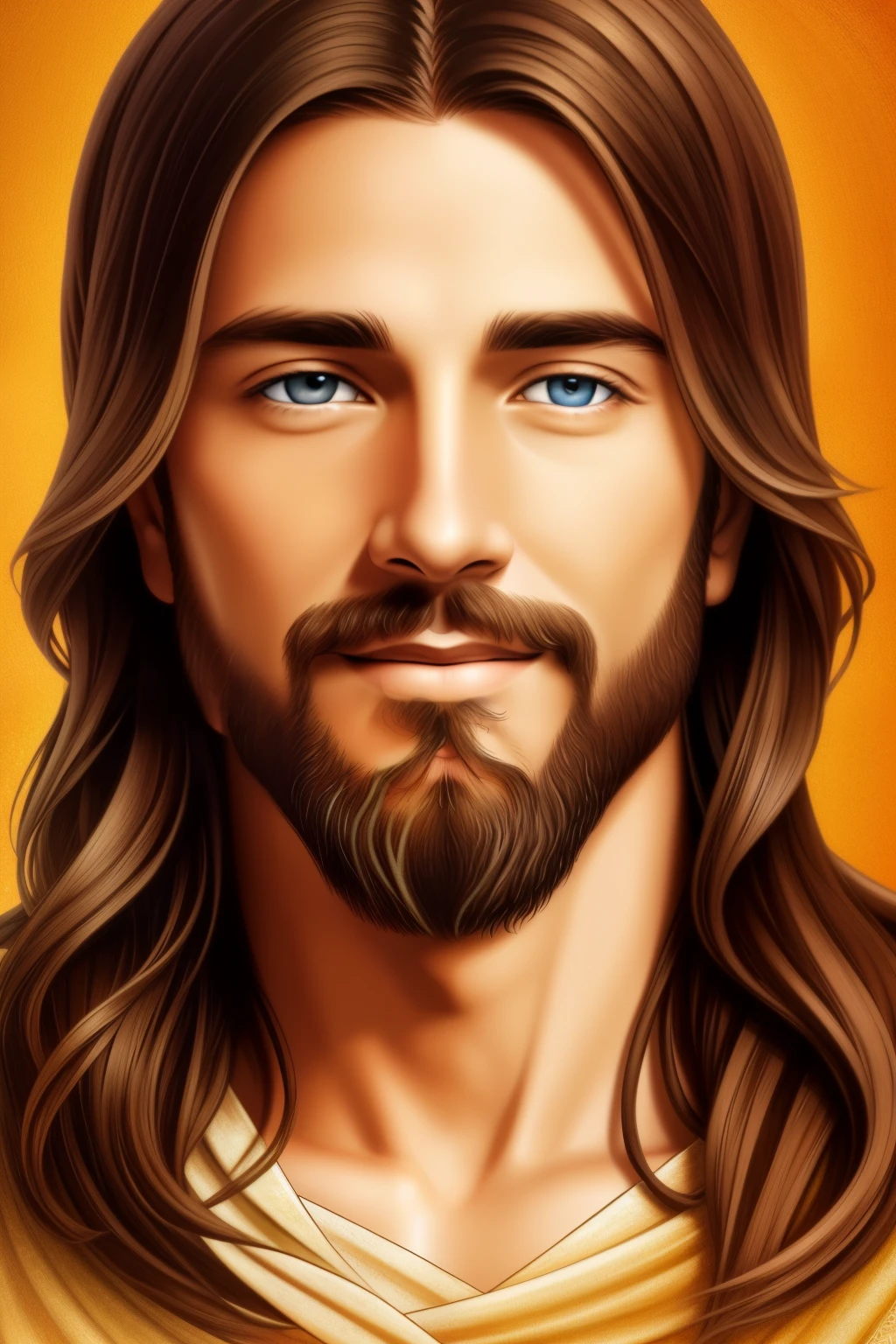A beautiful and serene image of Jesus, radiantly smiling at the viewer with his warm, inviting eyes. His skin texture displays realistic detail, with intricate veins and pores visible. The background features a tranquil landscape, with a soft gradient of warm and muted colors. The image is captured in ultra-high resolution, ensuring every detail is clearly visible, making it a masterpiece of digital art. The overall tone is one of peace and love, perfectly encapsulating the essence of His teachings.