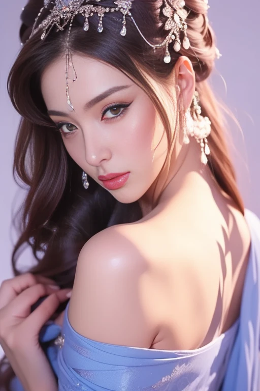 a long shot of a Instagram model with dark blonde hair malay woman, wearing an elegant silver sexy sensual gown, with a seductive look on her face, flirting with the camera, closeup, off shoulder , nice shoulder , nice breasts