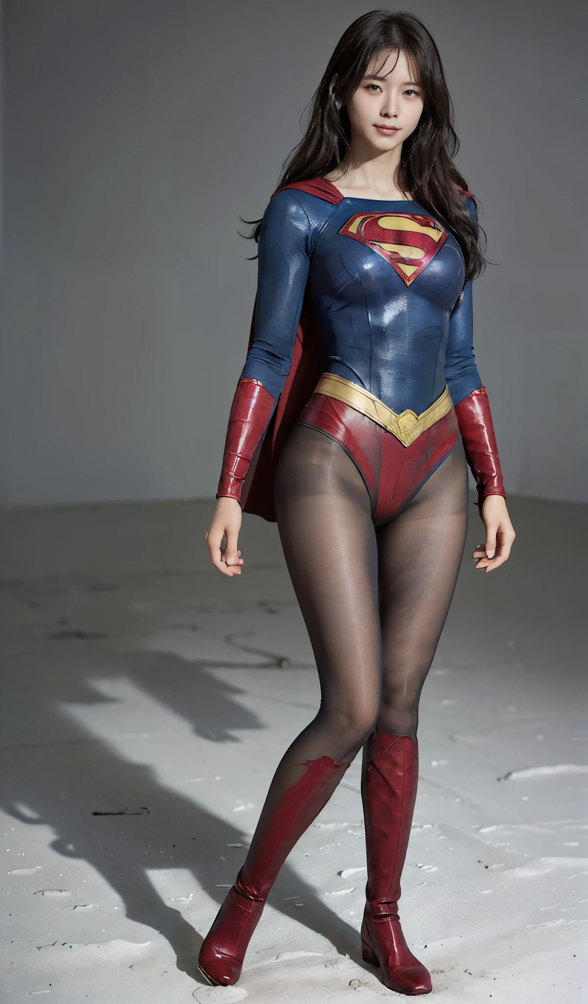 No background、(((Beautiful legs in black tights.)))、(((Legally express the beauty of your smile)))、((((Make the most of your original images)))、(((Supergirl Costume)))、(((Beautiful Hair)))、(((suffering)))、(((Please wear black tights....、Wear red boots)))、((Best image quality、8K))、((highest quality、8K、masterpiece:1.3))、(((keep background )))、Sharp focus:1.2、Beautiful woman with perfect figure:1.4、Thin abdominal muscles:1.2、Wet body:1.5、Highly detailed face and skin texture、8K