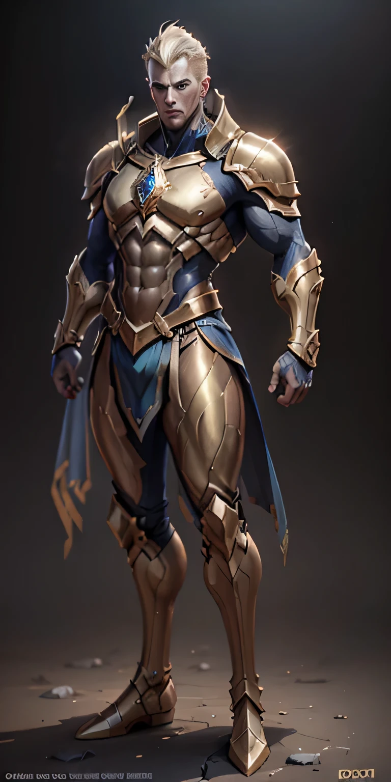 Gold Stormcast Eternal from Age Of Sigmar, frontal, full-length, looking at the camera, facing the audience, standing pose, simple background, three-dimensional light, detailed full-body concept, muscular male, bodybuilder body, male, solo, sleek digital concept art, beautiful full-body concept art, art trend, CGsociety full-length,