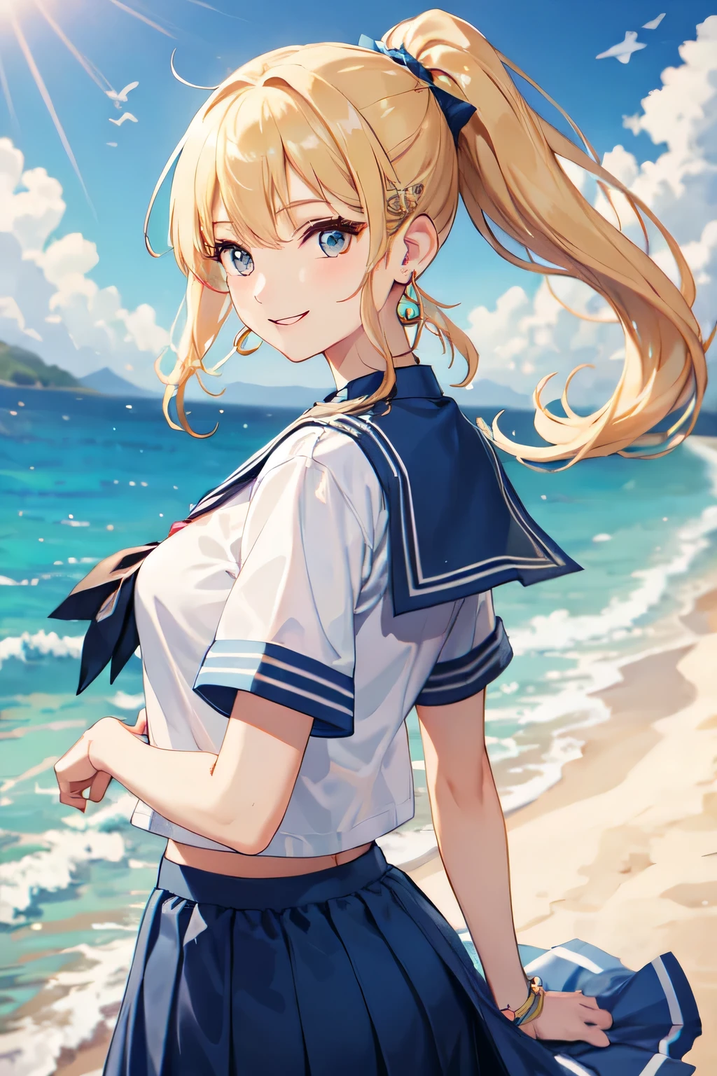 ((highest quality)), ((masterpiece)), (detailed), Perfect Face、Sandy Beach、Sailor suit、Short sleeve、Blue Skirt、blonde、Smooth Hair、ponytail、Earrings、look back、arm、smile、Wind