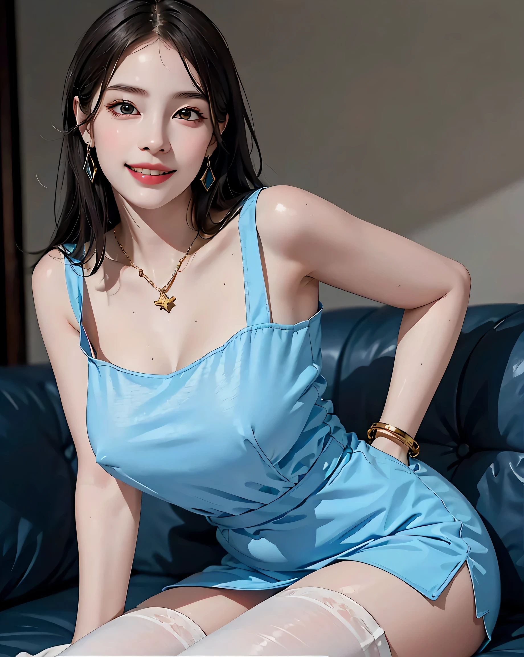 One girl, (alone), masterpiece, highest quality, Detailed face, Face Focus, (Wicked Smile), Grin,erotic, Big Breasts, Tight waist, Sweat, Shiny skin、 puffy nipples, Big Breasts, Micro Dress, Shiny Dress, Elbow hand pockets, belly button, Waist cutout, underwear, mini skirt, Thigh-high socks, O-ring, Earrings, necklace, bracelet, Golden, jewelry,