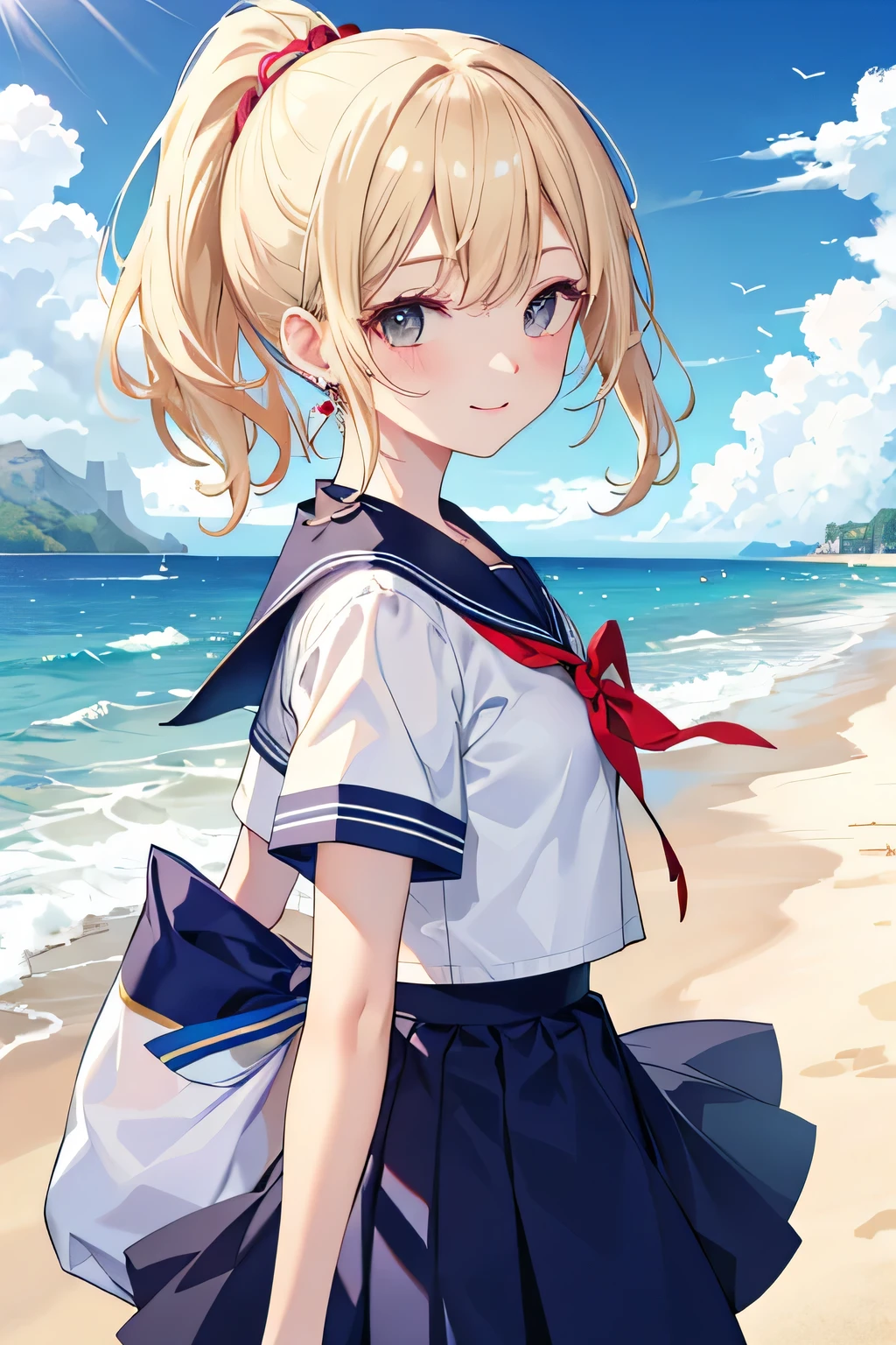 ((highest quality)), ((masterpiece)), (detailed), Perfect Face、Sandy Beach、Sailor suit、Short sleeve、Blue Skirt、blonde、Smooth Hair、ponytail、Earrings、look back、arm、smile、Wind