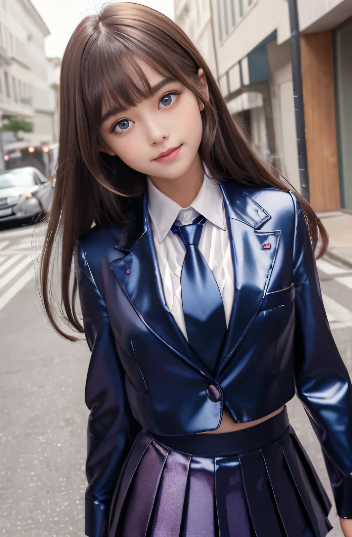 Angelic Very beautiful cute girl,11 yo,
Beautiful detailed eyes, 
Detailed double eyelids,
(Large eyes:1.4),
Long straight brown hair, 
see-through bangs,
Sharp Focus,small straight nose,
beautiful detailed face and eyes, 
drooping eyes,
(Soft Saturation: 1.3), (Fair skin: 1.2),BREAK   (super shiny metallic dark blue  blazer:1.3),metallic pearl white school blouse,(shiny metallic bright pink neck ribbon tie:1.2),(super shiny metallic dark blue pleated skirt :1.5),(school uniform with super reflective surfaces:1.5),Walking,
Costume lighting,
In the street ,
(Brown hair:1.3),break (smile:1.5)