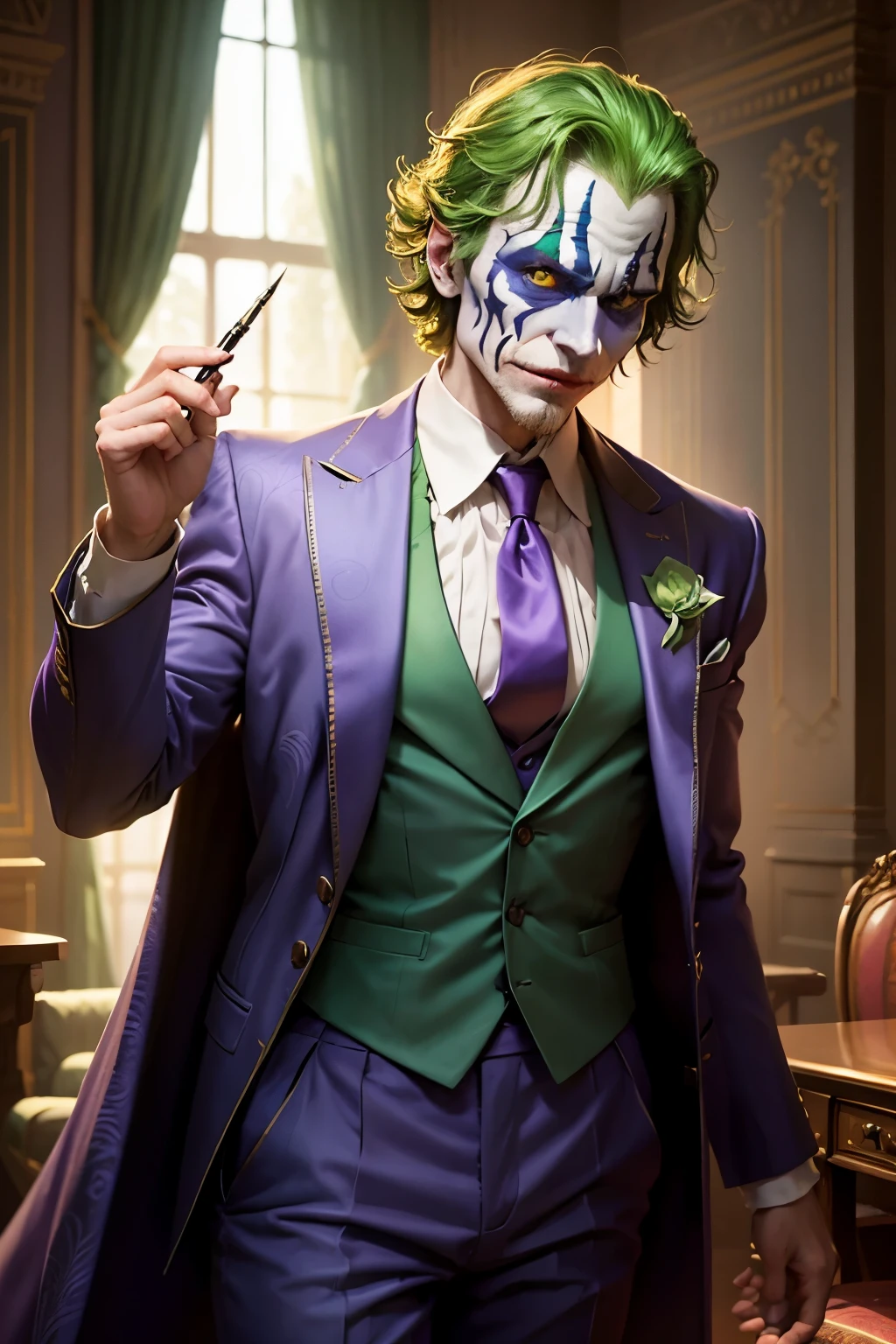A jester donning a vibrant green suit and an enigmatic question mark replacing his facial features, emerges from the whimsical world of Moebius. The joker, with his intricate, bold patterns adorning his attire, exudes an aura of mystery. In the animated gifs style, he strikes dignified poses, additing a touch of grandeur to his presence. Enveloped in a soft, ethereal light of light purple and light emerald, the pen and ink character comes to life, leaving the audience pondering his intentions.