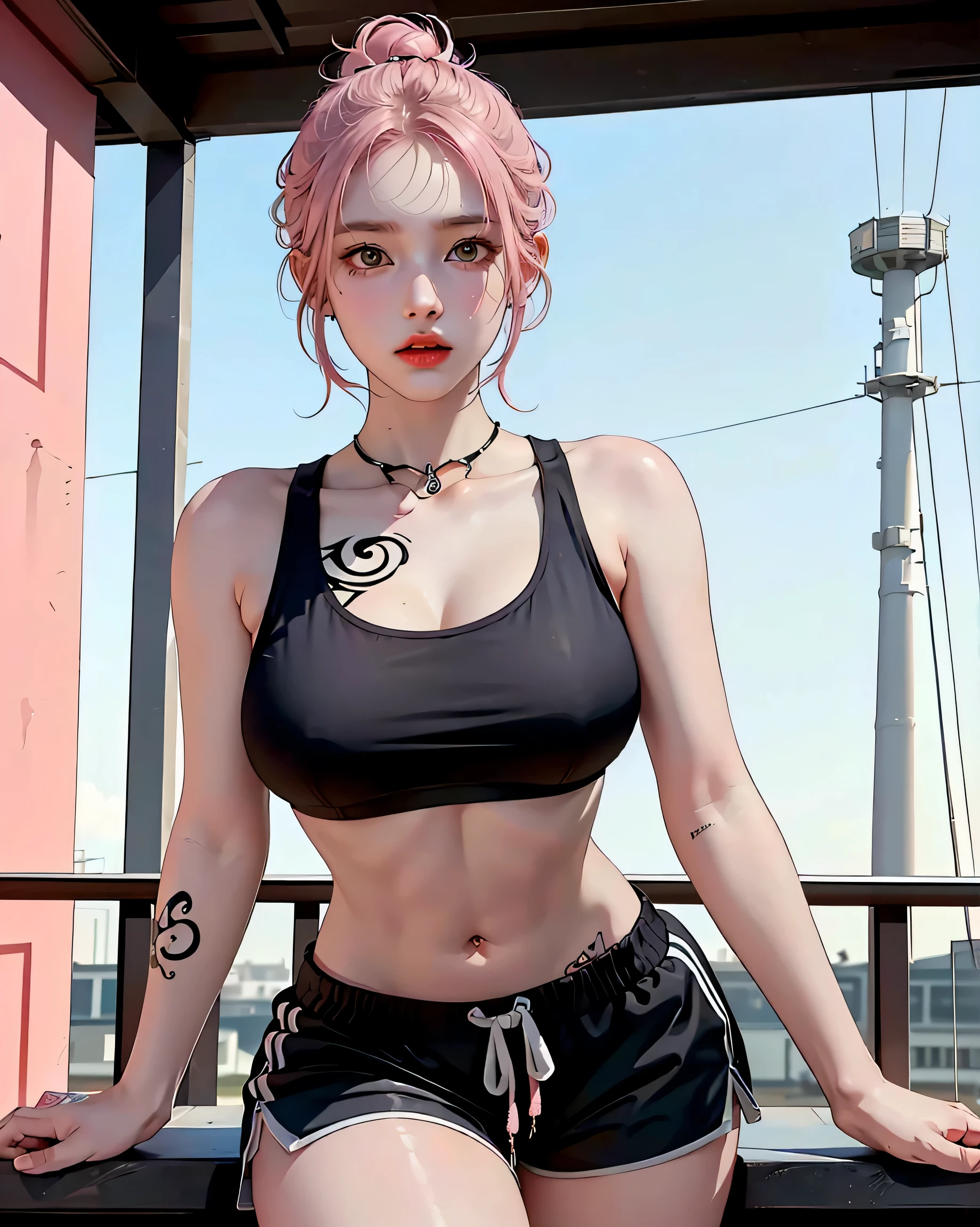 Perfect Style, Beautiful Face, Highly detailed face and skin texture, (Maximum resolution: 1.2), 1 female, alone, Hip Up, jewelry, (((Has a lot of tattoos all over his body)), Streetwear, Sports Bra, Pink Hair, Shorts, sports boots, (((Narrow waist))), ((Big Breasts))