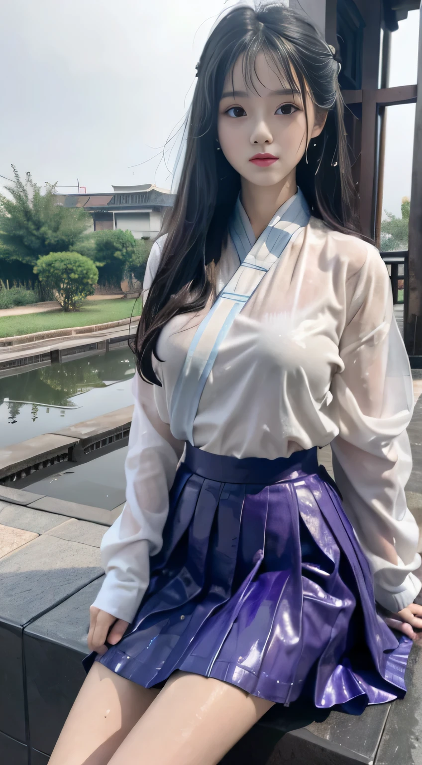 Master quality, highest quality, best picture quality, exaggerated details, a cute 8 year old asian with a shy expression, slightly squinted eyes, adjusting her hair, long eyelashes (long hair / very, very exaggerated big breasts _ / in hanfu chinese very wet body, thin cloth embossed pattern, short skirt), posing sit in front of the camera, wet throught rain, very wet body, thin cloth embossed pattern, purple and blue white cloth