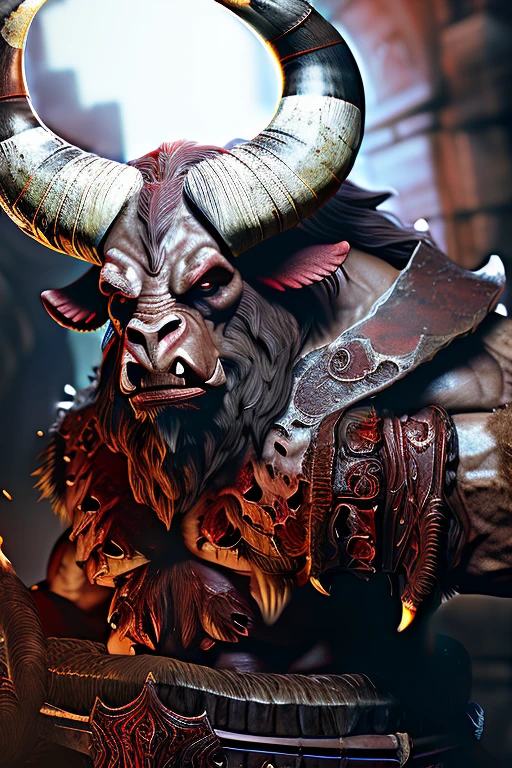 Red fured Minotaur, thick fur, taurus model, long horn, gigantic horn, perfect horn, gigantic body ratio, full of rage, angry minotaur, burned city background, detailed anatomy, perfect anatomy, kingkong body size, perfect muscle, perfect photograph, full focus camera