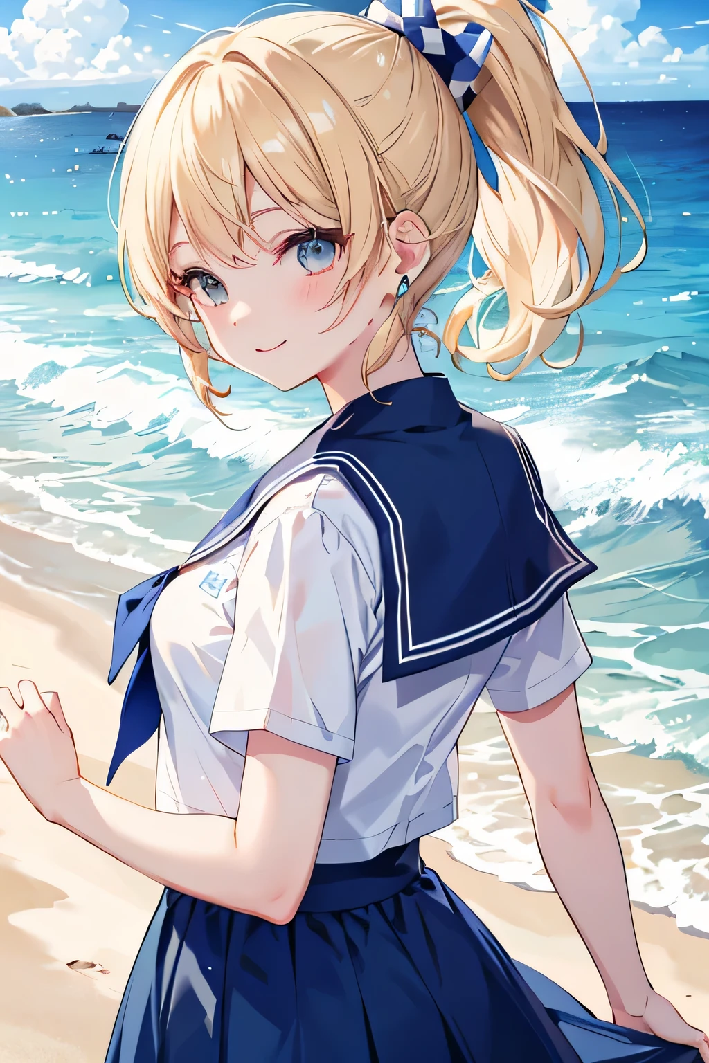 ((highest quality)), ((masterpiece)), (detailed), Perfect Face、Sandy Beach、Sailor suit、Short sleeve、Blue Skirt、blonde、ponytail、Earrings、look back、arm、smile、Wind