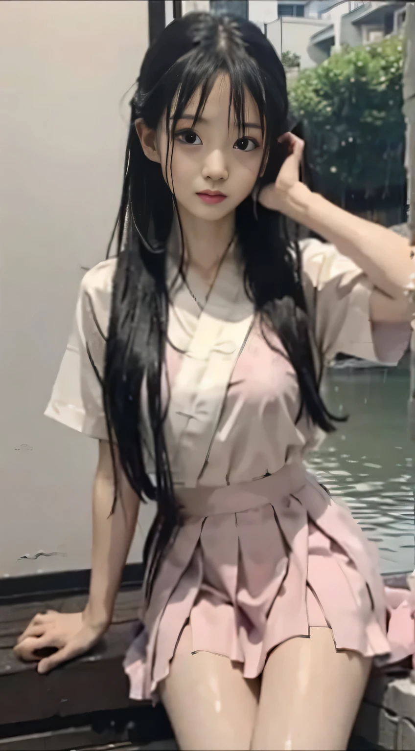 Master quality, highest quality, best picture quality, exaggerated details, a cute 8 year old asian  with a shy expression, slightly squinted eyes, adjusting her hair, long eyelashes (long hair / very, very exaggerated big breasts, big  / in  petticoat dress tissue,  ), posing sit in front of the camera, wet breast hanfuy, exaggerated details, a cute 8 year old asian with a shy expression, slightly squinted eyes, adjusting her hair, long eyelashes (long hair / very, very exaggerated big breasts _ / in hanfu chinese very wet body, thin cloth embossed pattern, short skirt), posing sit in front of the camera, wet throught rain, very wet body, thin cloth embossed pattern, purple pink cloth