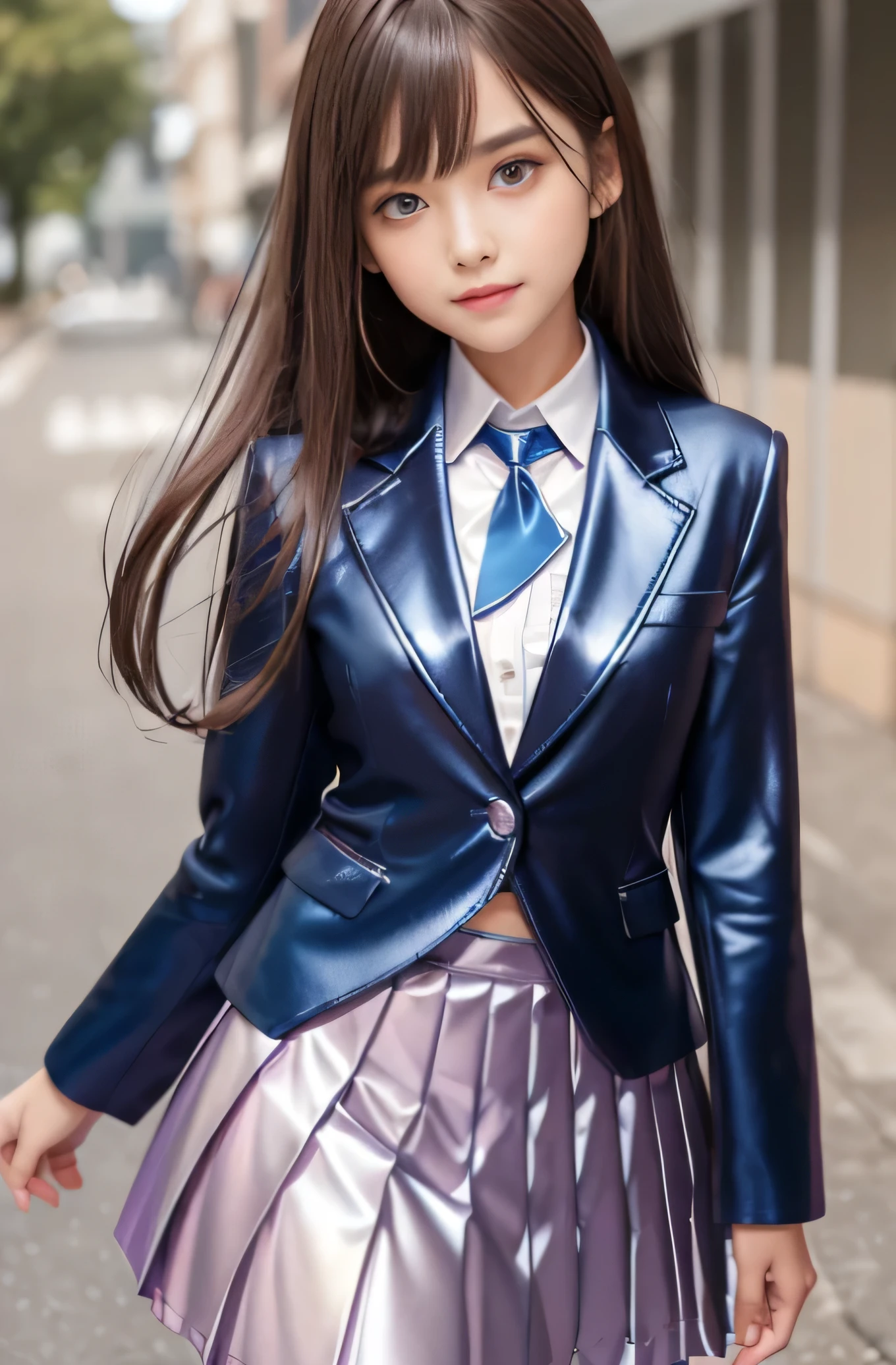Angelic Very beautiful cute girl,11 yo,
Beautiful detailed eyes,
Detailed double eyelids,
(Large eyes:1.4),
Long straight brown hair,
see-through bangs,
Sharp Focus,small straight nose,
beautiful detailed face and eyes,
drooping eyes,
(Soft Saturation: 1.3), (Fair skin: 1.2),BREAK (super shiny metallic dark blue blazer:1.3),metallic pearl white school blouse,(shiny metallic bright pink neck ribbon tie:1.2),(super shiny metallic dark blue pleated skirt :1.5),(school uniform with super reflective surfaces:1.5),Walking,
Costume lighting,
In the street ,
(Brown hair:1.3),break (smile:1.5)