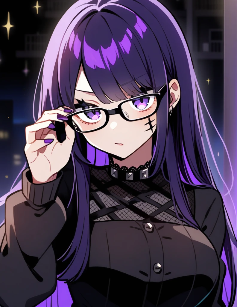 anime girl with purple hair and scars on her face, 30- year - old anime goth girl, wearing glasses，purple hair,big chest