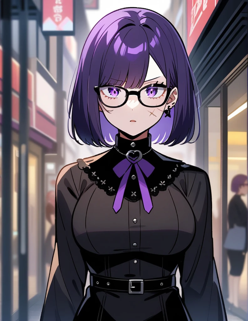 anime girl with purple hair and scars on her face, 30- year - old anime goth girl, wearing glasses,purple hair,big chest