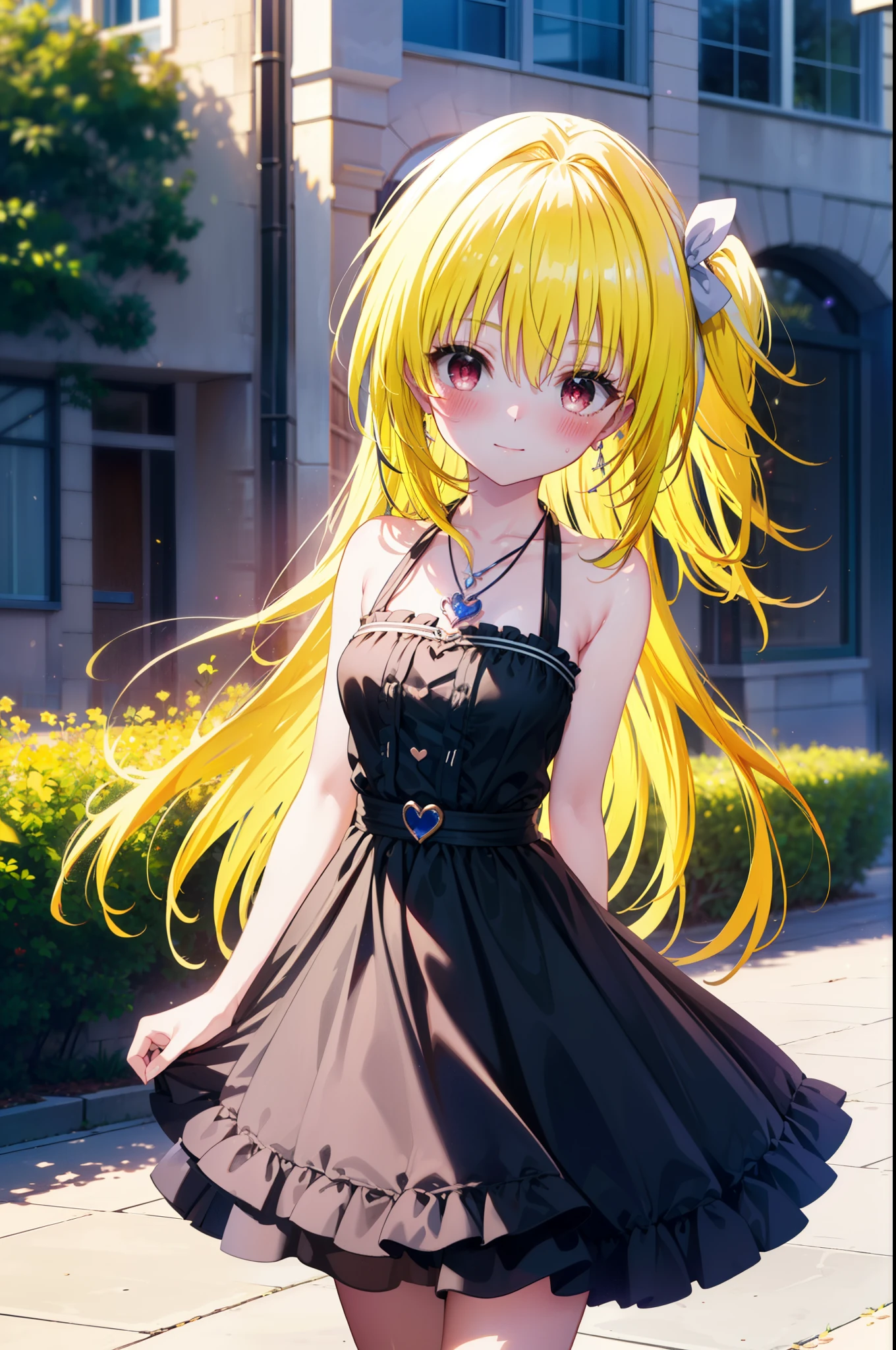 toloverumy, my, (yellow hair:1.5), Long Hair, (Red eyes:1.5), smile,blush, Embarrassing,White headband,Long Straight Hair,Long skirt integrated sleeveless dress,Heart Necklace,Bare arms,Bare neck cute sandals,True Summer,Daytime,
break outdoors, garden,
break looking at viewer, (Cowboy Shot:1.5),
break (masterpiece:1.2), highest quality, High resolution, unity 8k wallpaper, (figure:0.8), (Beautiful fine details:1.6), Highly detailed face, Perfect lighting, Highly detailed CG, (Perfect hands, Perfect Anatomy),