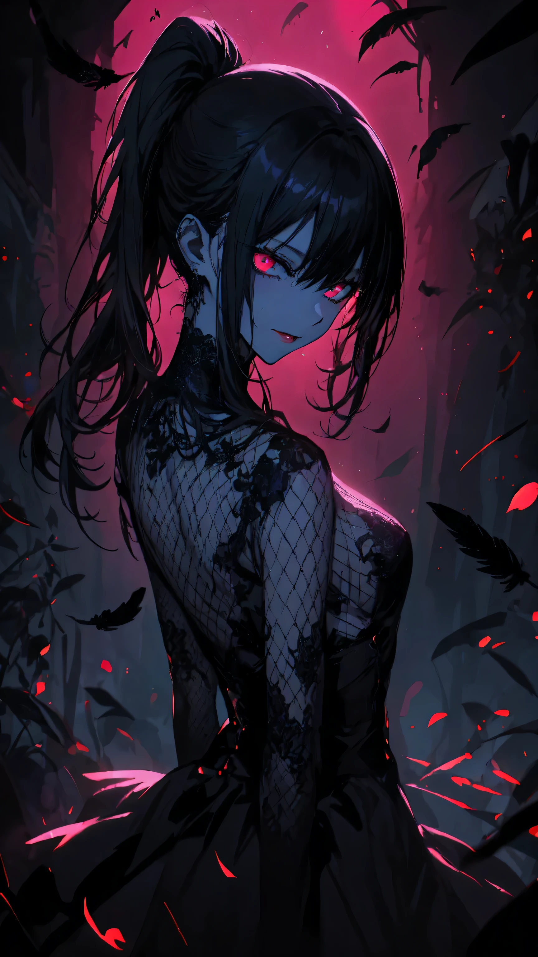 anime girl with black hair and a fishnet dress in a forest, anime art wallpaper 8 k, anime art wallpaper 4 k, anime art wallpaper 4k, demon anime girl, best anime 4k konachan wallpaper, anime style 4 k, 4k anime wallpaper, yandere intricate, gothic maiden anime girl, with red glowing eyes, anime wallpaper 4k