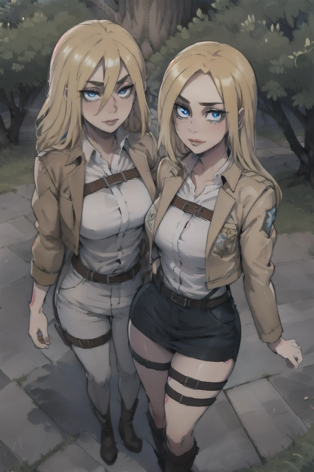 (day:1.7), Forest background,
sitting on the floor,
brown jacket,long sleeves,thigh strap,white shirt, military uniform,belt, Black_pencil_skirt,
thigh strap, thighs,One girl blonde hair,blue eyes,bangs, Long_hair,(hair between eyes:1.3),
1 girl, 20yo,mature female,Beautiful Finger,Beautiful long legs,Beautiful body,Beautiful Nose,Beautiful character design, perfect eyes, perfect face,
looking at viewer, in the center of the image,focus on face,
NSFW,official art,extremely detailed CG unity 8k wallpaper, perfect lighting,Colorful, Bright_Front_face_Lighting,
(masterpiece:1.0),(best_quality:1.0), ultra high res,4K,ultra-detailed,
photography, 8K, HDR, highres, absurdres:1.2, Kodak portra 400, film grain, blurry background, bokeh:1.2, lens flare, (vibrant_color:1.2)
(Beautiful,Large_Breasts:1.2), (beautiful_face:1.5),(narrow_waist),