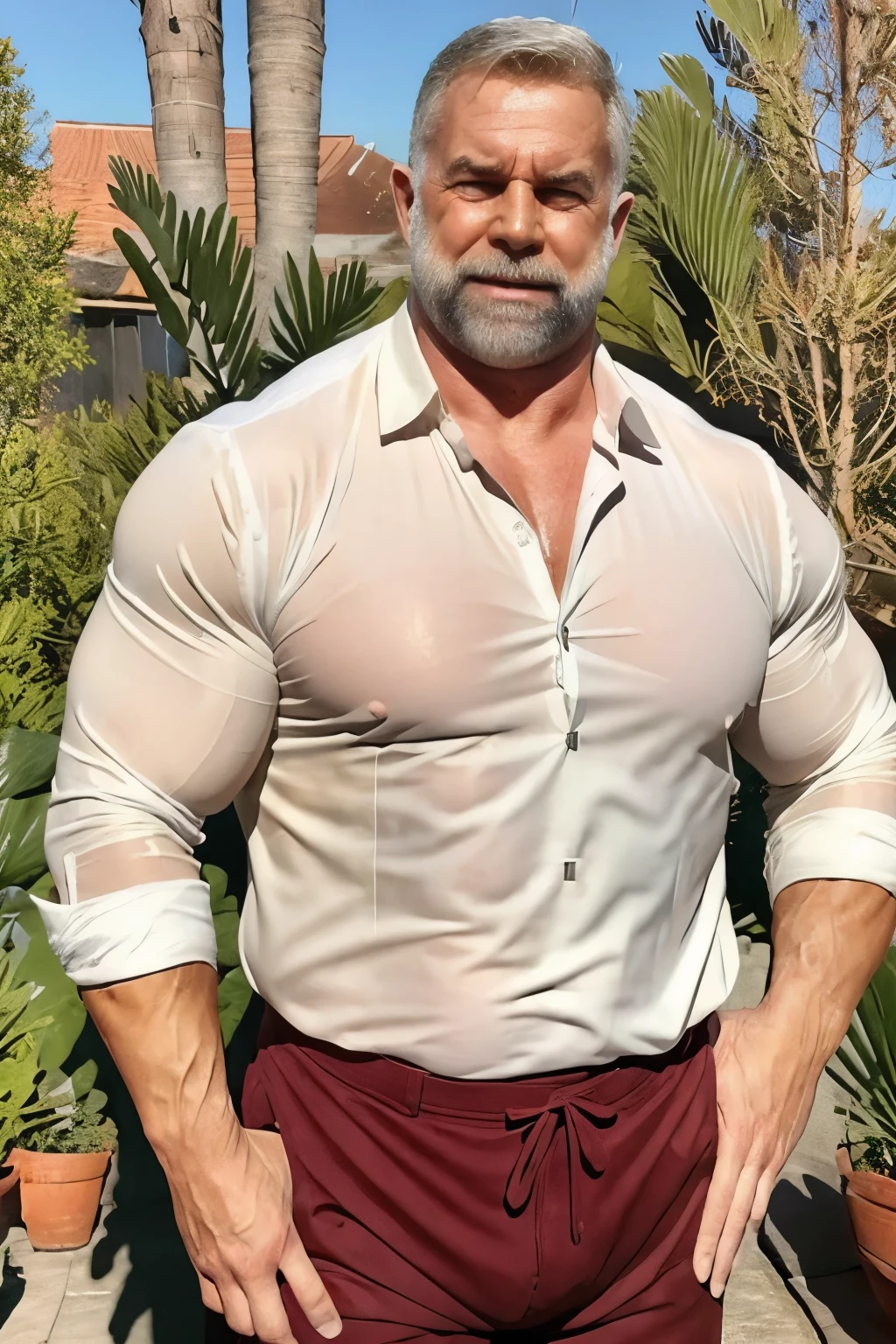 age 60, white man police detective with a mature, kind demeanor, strong and muscular yet chubby build, wearing dress pants and a buttoned-open translucent shirt that reveals a hairy chest and a noticeable bulge, giving off a hint of a horny yet disgusting aura, completing the look with comfortable loafers.