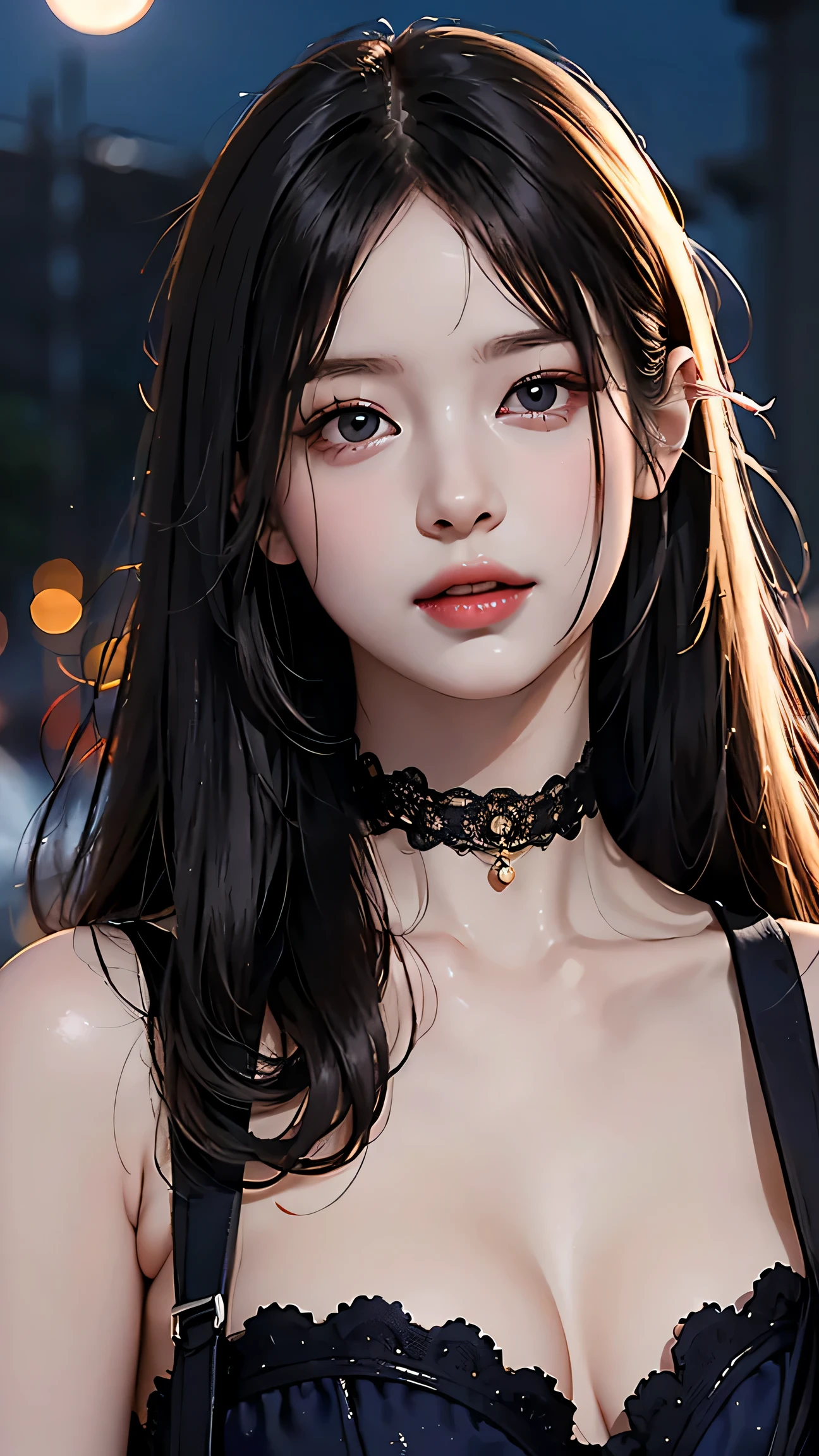 Beautiful girl with realistic black eyes, Pale skin, Long black hair, Perfect Face, Perfect Eyes, ((Deep neckline tight lace dress)) Very detailed, The whole movie, Digital Painting, 8k, Cinema Lighting, (((Revealing clothing))),Big Breasts,choker(Uhd, retina, masterpiece, Accurate, Anatomically correct, Textured skin, Super Detail, Attention to detail, high quality, 最high quality, High resolution, 16k), (Beautiful fine details, beautiful lip detail, Very detailedな目と顔), Soft lighting, Physically Based Rendering, Vibrant colors, (big breasts:1.5), (Portraiture, Shiny Hair, Shiny skin), Eye Reflexes, (Bokeh, moonlight:1.5),