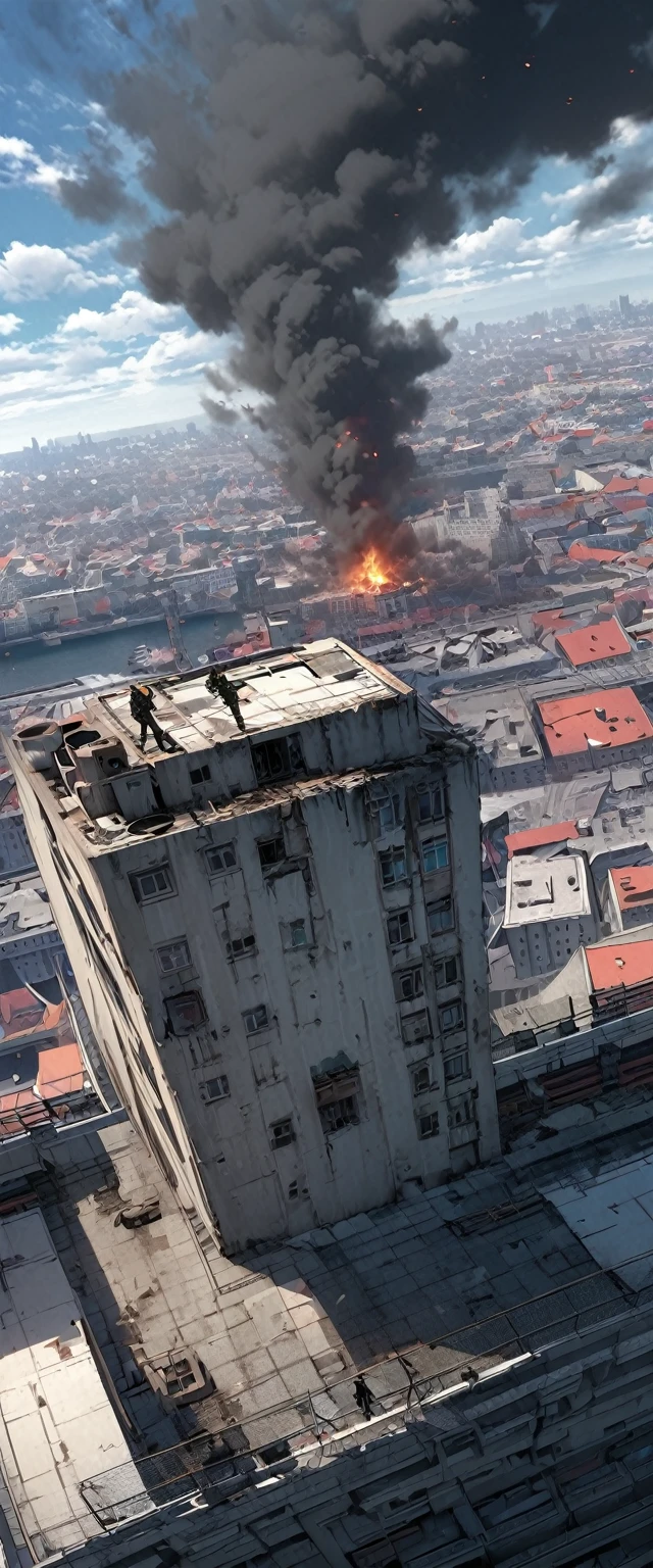 ((Masterpiece, top quality, high resolution)), ((highly detailed CG unified 8K wallpaper)), Back view of woman standing on top of skyscraper, Special forces waiting for the signal to go in, standing on top of sky scraper, standing on rooftop, standing on rooftop, looking down on modern city, walking on top of small city, sitting on top of skyscraper, Mirror's Edge in Russia, rooftops of cities, 