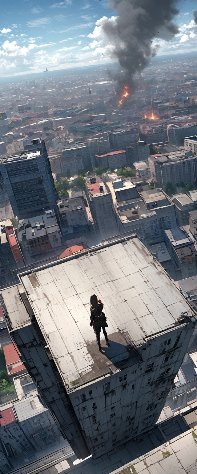 ((Masterpiece, top quality, high resolution)), ((highly detailed CG unified 8K wallpaper)), Back view of woman standing on top of skyscraper, Special forces waiting for the signal to go in, standing on top of sky scraper, standing on rooftop, standing on rooftop, looking down on modern city, walking on top of small city, sitting on top of skyscraper, Mirror's Edge in Russia, rooftops of cities, 