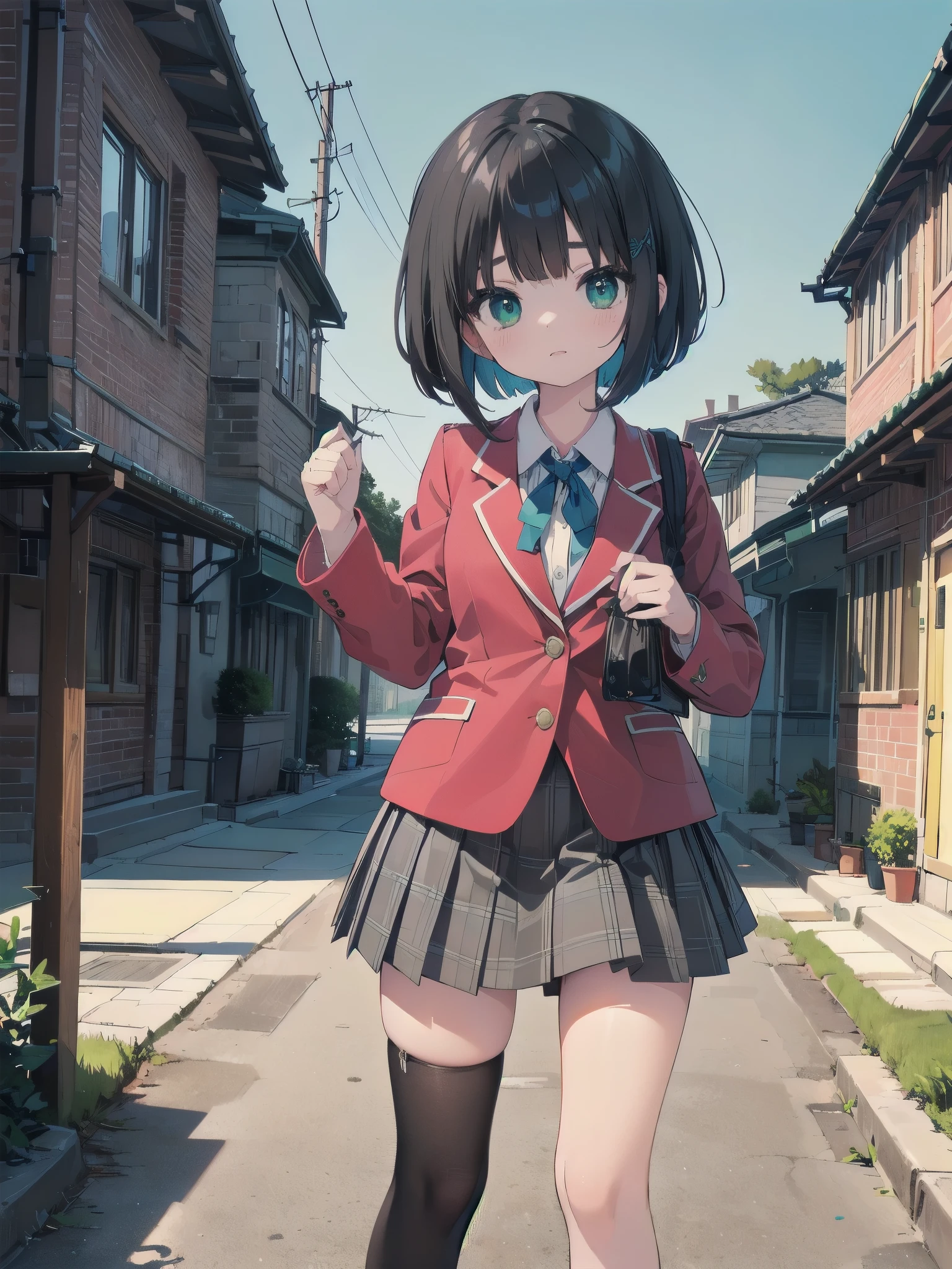 Top-High quality、Highest quality、masterpiece、High Contrast、Colorful、Elegance、Sexy expression、high school girl、Beauty、Bob cut braids、uniform、(red blazer)、Ribbon tie、(Green and gray plaid skirt)、(black tightovie-like shadows、fine shading、cute、Truly unbelievably cute absurd、outside、School trip、national treasures、Traditional buildings、blue sky