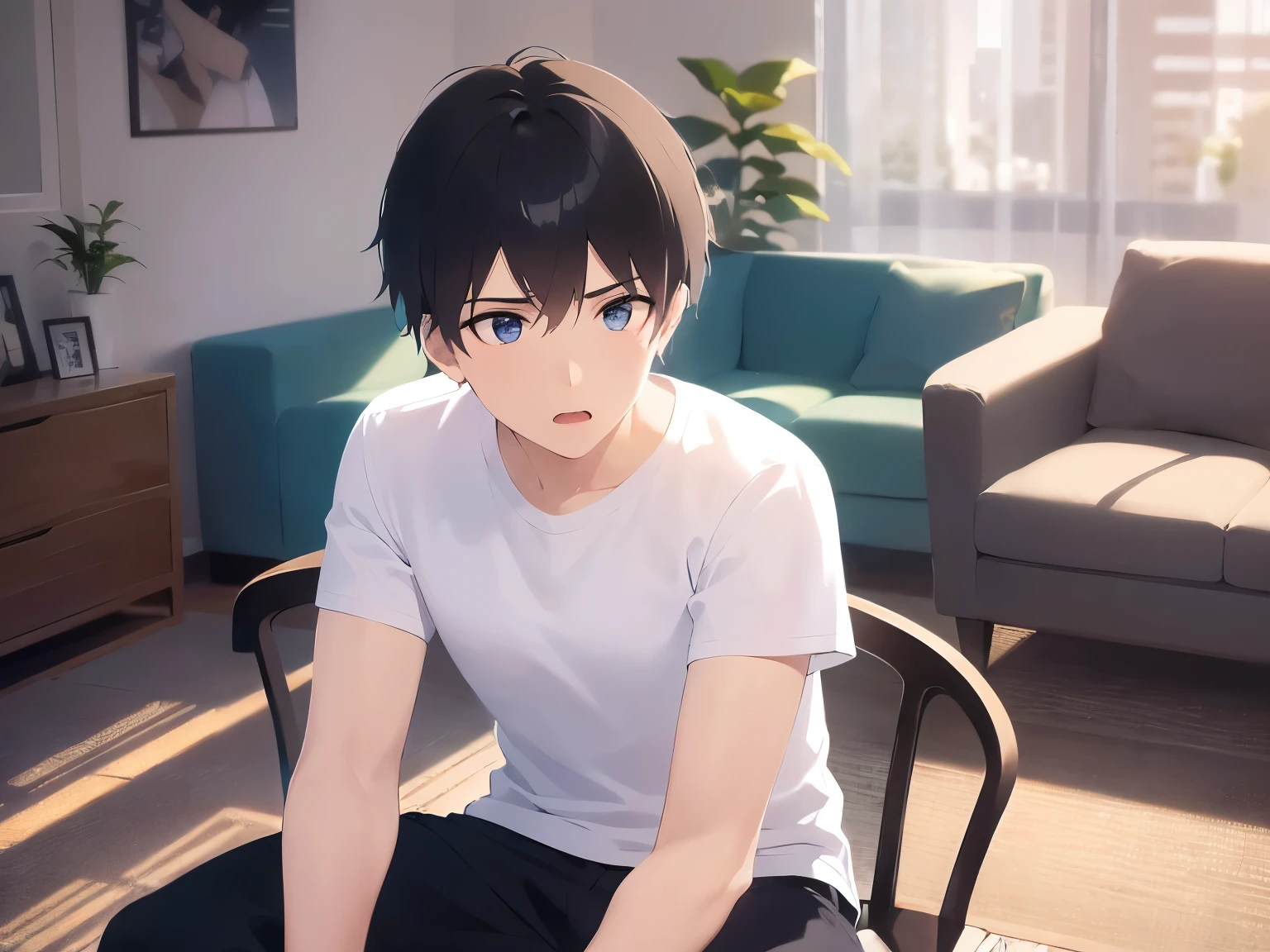 cinematic angle, Upper body, masterpiece、highest quality、(alone:1.5)、(25-year-old male:1.5) and (Black short hair) and (blue eyes), (White T-shirt:1.5)、Sitting、serious, open mouth, The background is the living room、Bold composition