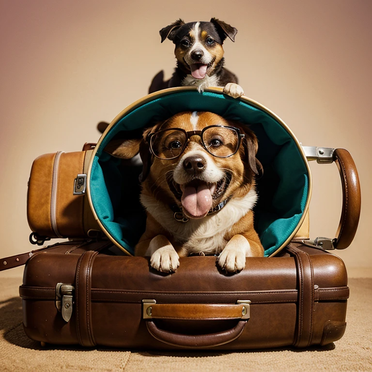 Make a logo cartoon style, there's a stylized illustration of a happy dog with glasses sitting on top of a stack of luggage. The dog has a big smile on its face, and its tail is wagging. The luggage beneath the dog is arranged neatly, with various sizes and shapes, suggesting travel and adventure. The overall design is playful and inviting, capturing the essence of a fun and exciting "barkcation" experience for dogs and their owners.