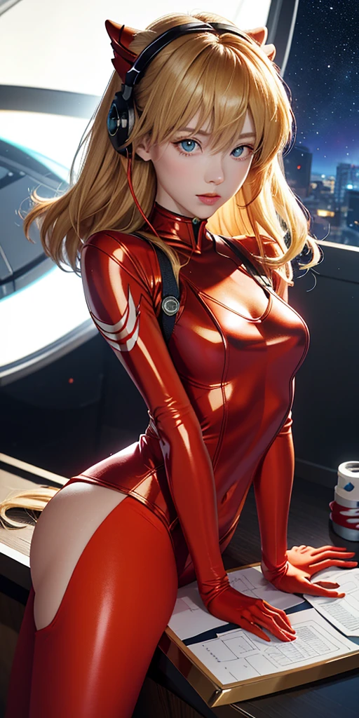 (top view),dynamic angle,Super detailed, illustration, close up, direct, 1 girl, 
 ((Soryu Asuka Langley, Interface headset, Red tights:1.4, blonde)),Her eyes shone like fantastic stars,(glowing eyes:1.233),(Beautiful and delicate eyes:1.1),(Poker face,Keep your mouth shut),(permanent), 
(Mechanical room with tools and spaceship windows in white spaceship),
(night:1.2),fantastic, [[slender fingers and hands:0.55]::0.85],(Detail fingers),