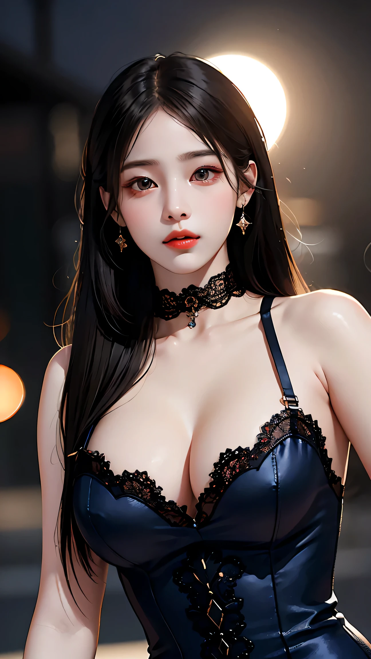 Beautiful girl with realistic black eyes, Pale skin, Long black hair, Perfect Face, Perfect Eyes, ((Deep neckline tight lace dress)) Very detailed, The whole movie, Digital Painting, 8k, Cinema Lighting, (((Revealing clothing))),Big Breasts,choker(Uhd, retina, masterpiece, Accurate, Anatomically correct, Textured skin, Super Detail, Attention to detail, high quality, 最high quality, High resolution, 16k), (Beautiful fine details, beautiful lip detail, Very detailedな目と顔), Soft lighting, Physically Based Rendering, Vibrant colors, (big breasts:1.5), (Portraiture, Shiny Hair, Shiny skin), Eye Reflexes, (Bokeh, moonlight:1.5),