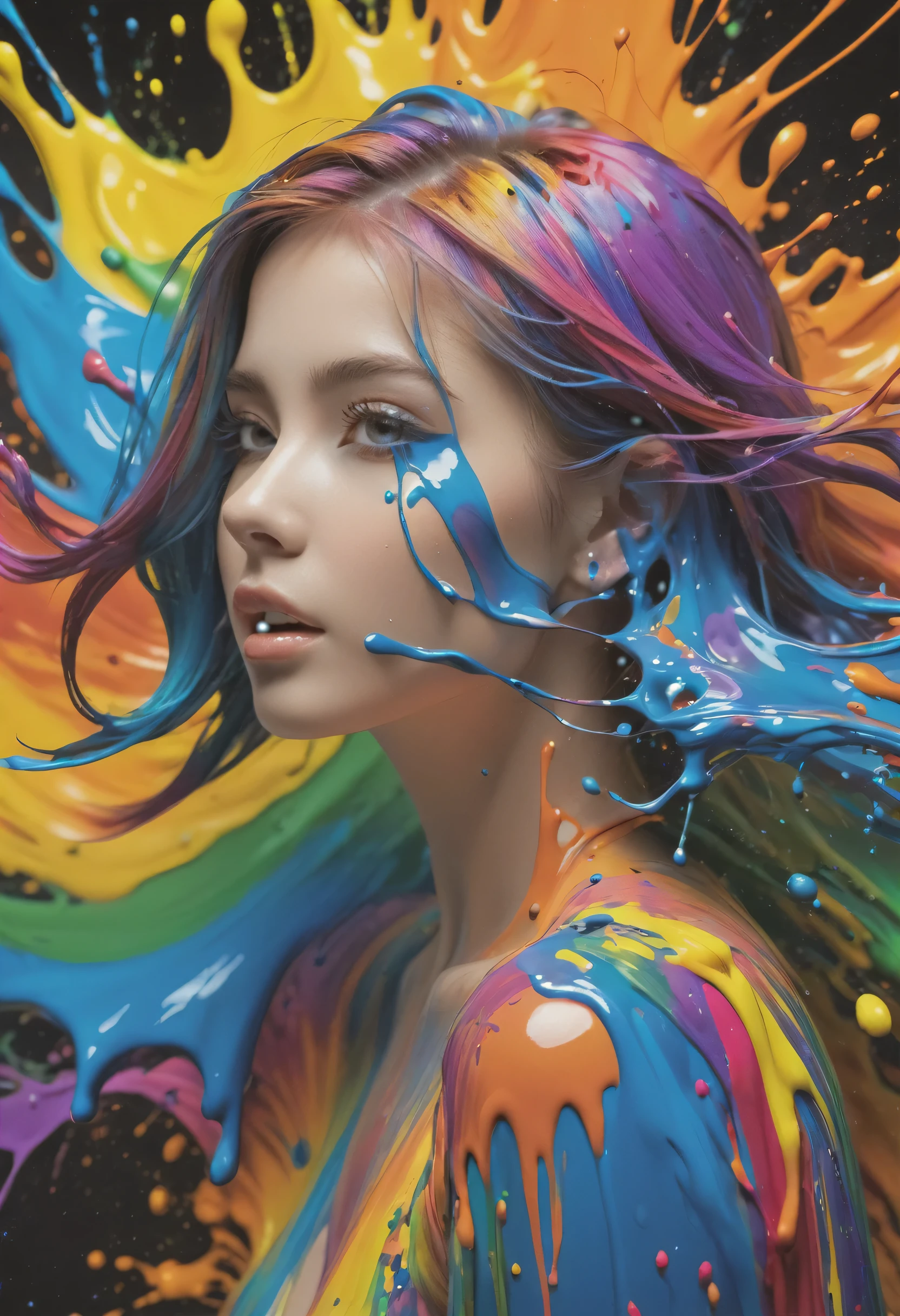 Ultra vivid colors, high contrast, brilliant colors, (level difference:1.8),(Paint colliding and splashing on the canvas),(depth of field),1girl's side face blends into it,((side face)),open mouth,(liquid paint rainbow hair:1.1) made of paint and defies gravity,thick flowing,(paint splatter:1.3),Liquid state,stunningly beautiful, masterpiece, detailed background,ultra high quality model, ethereal background,abstract beauty, explosive volumetric, oil painting,heavy strokes,Romantic lighting,Sub-Surface Scatterring,lens 135mm,f1.8,glow,8k,high resolution, dreamy,ray tracing,hdr,god rays,