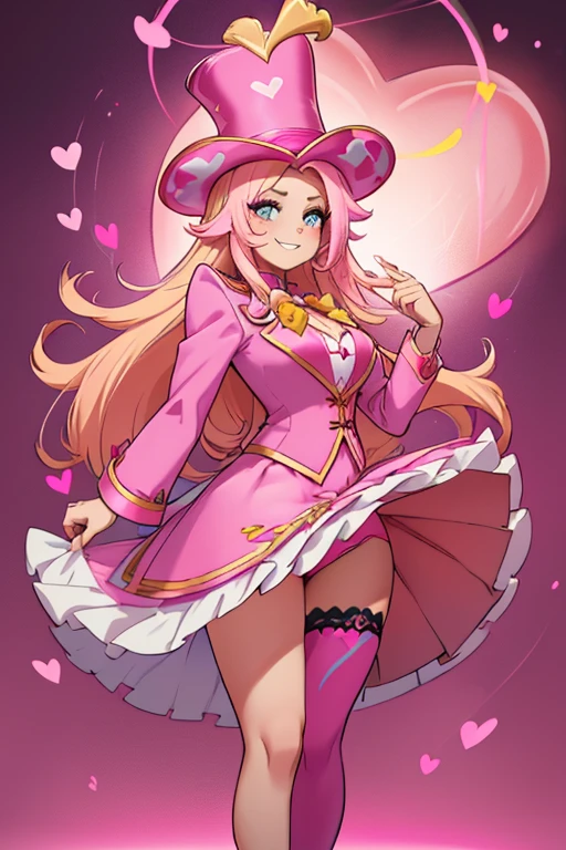 female, sunset pink long hair with yellow highlights, blue eyes, (((1girl))), (((pink ringmaster attire with dark pink hearts))), (yellow ribbon), (pink knee length pencil skirt), (dark pink stockings), (pink heels), (pink top hat with dark pink heart and yellow feather), cute and sexy, large breasts, large butt, full body, long legs, smiling